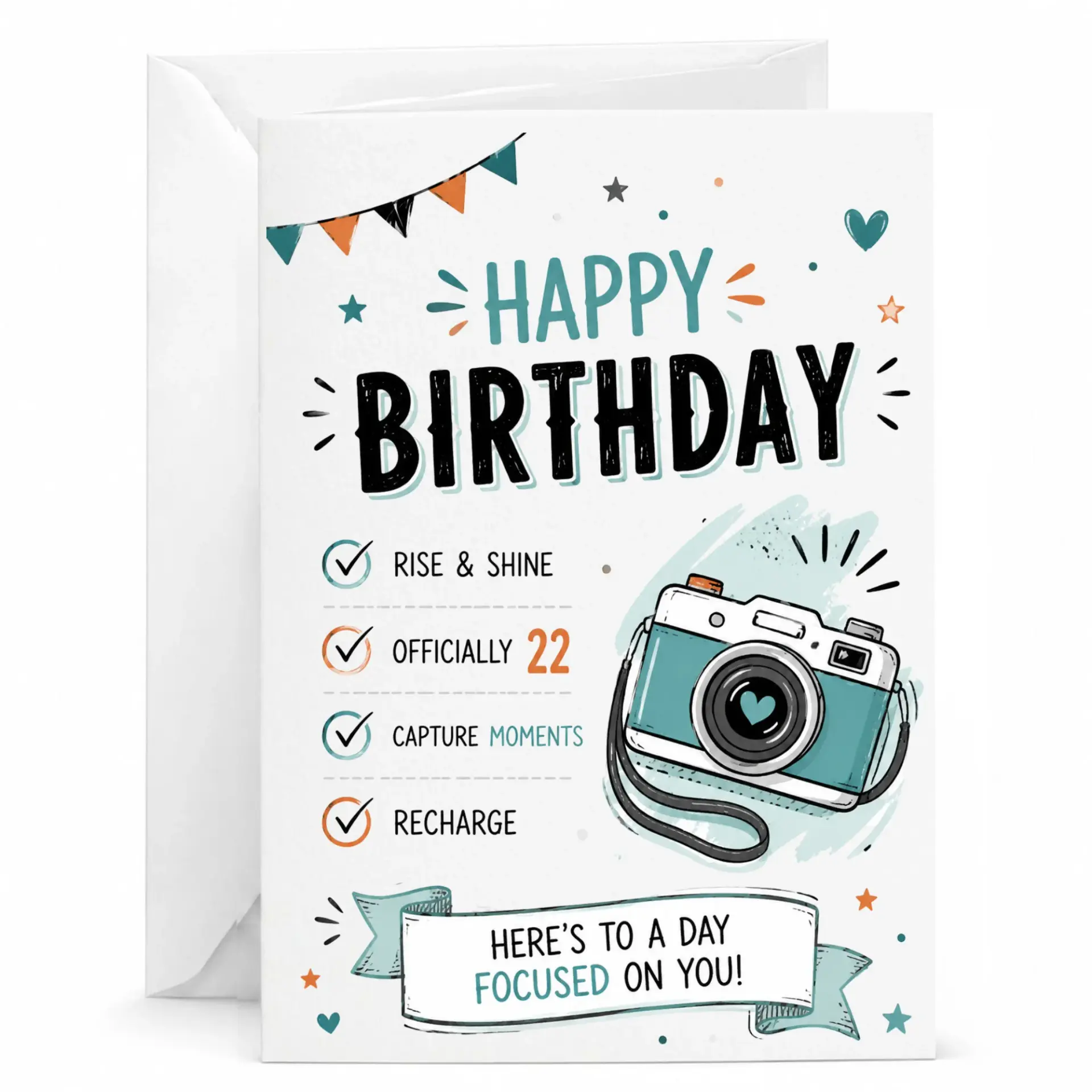 Birthday Card for 22nd Birthday, Funny Camera Theme Greeting Card with Envelope, Personalizable Note for Photography Fan