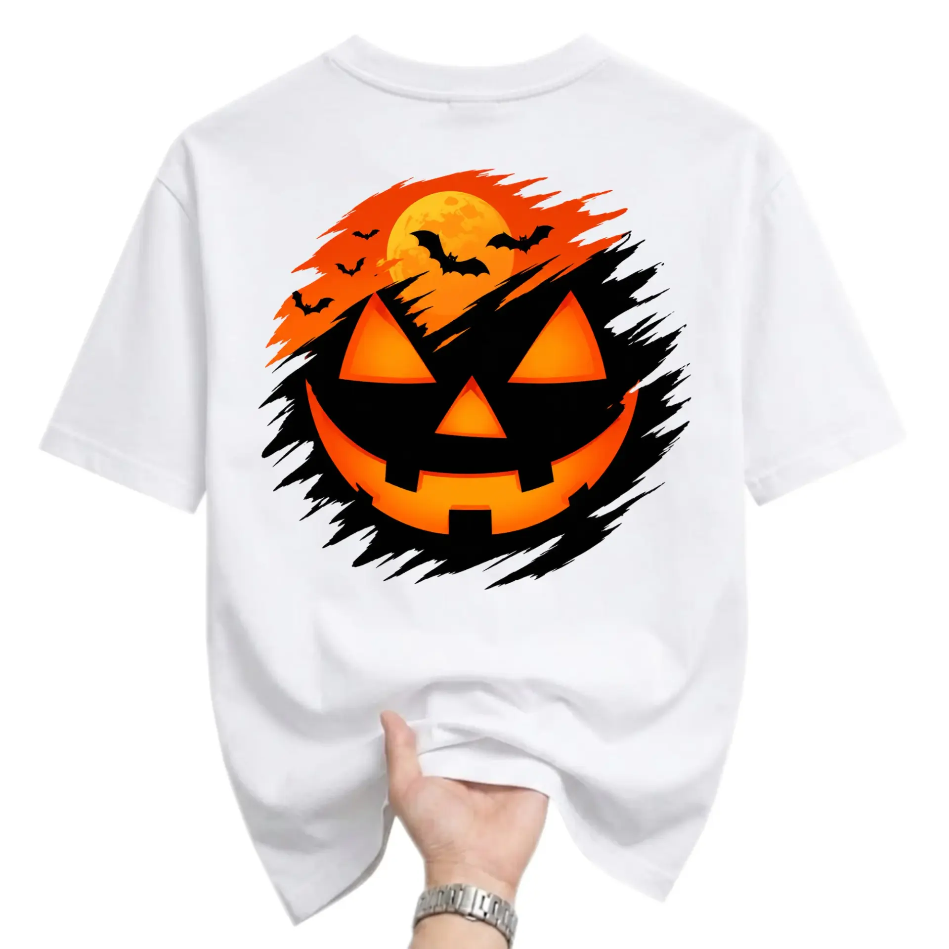 Graphic Tee Unisex Halloween Jack O Lantern T-Shirt Featuring Spooky Moon and Bat Silhouette Autumn Seasonal Apparel