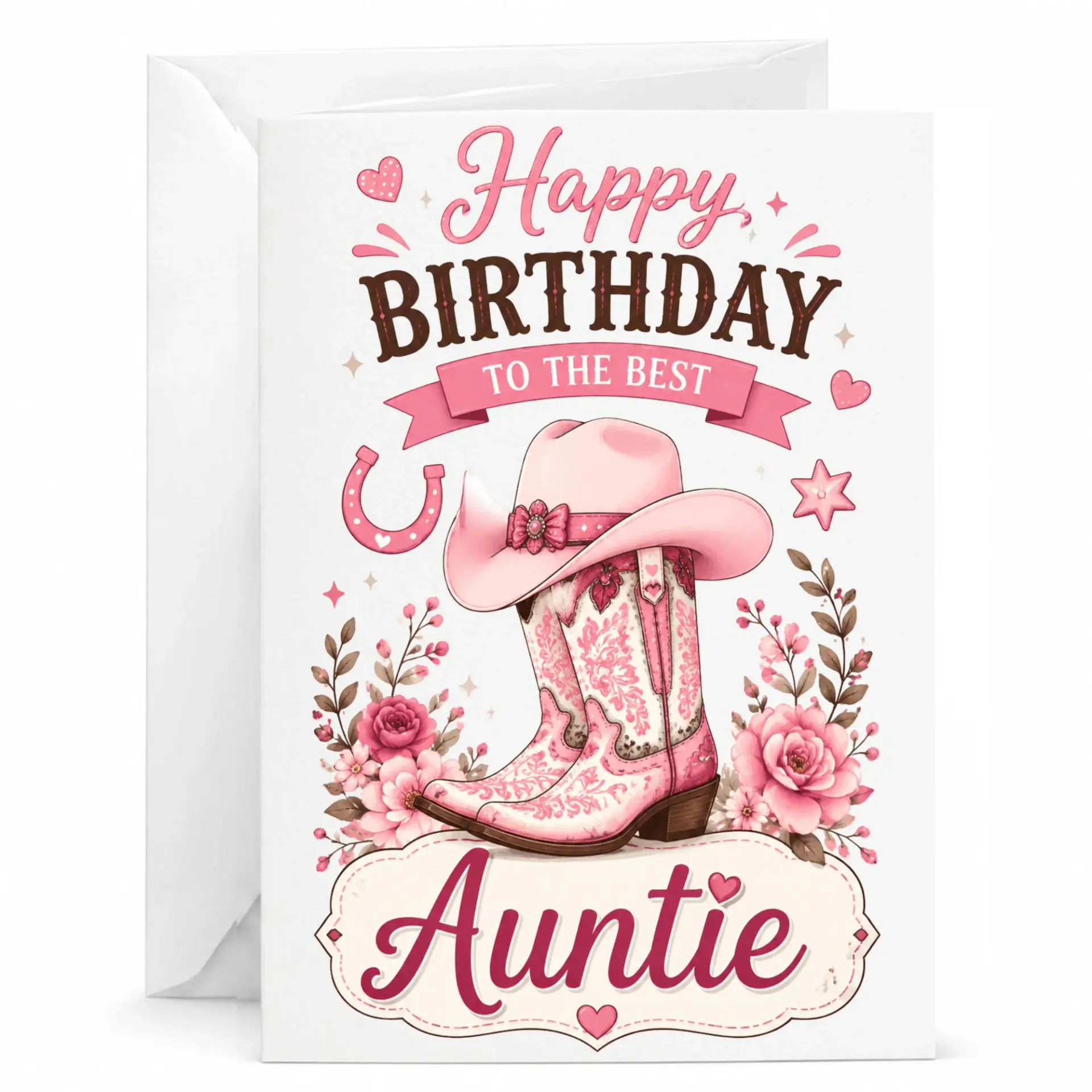 Birthday Card for Auntie Cowboy Boot Theme Featuring Pink Floral Illustrations and Rustic Style Design