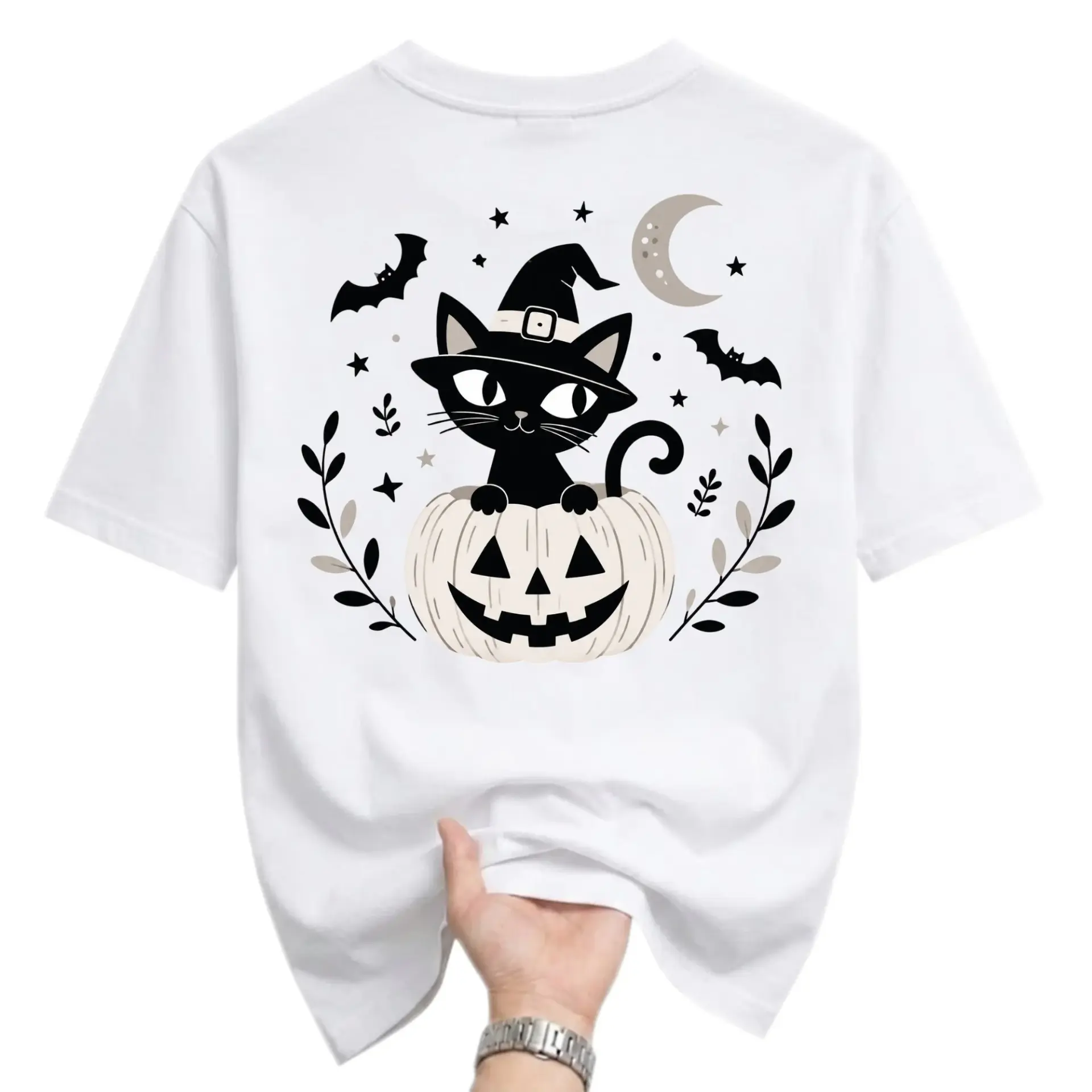 T-shirt Black Cat Witch Pumpkin Graphic Tee Unisex Casual Short Sleeve Crew Neck Cotton Blend Halloween Inspired Top