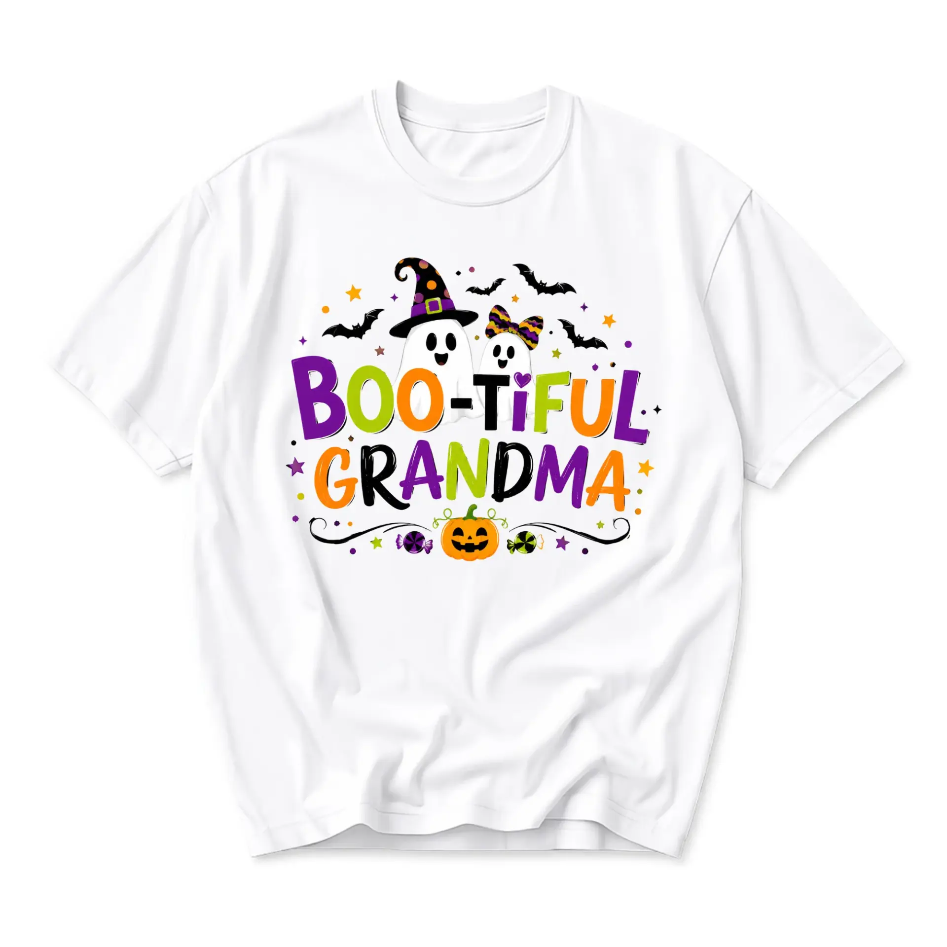 Funny Shirt Boo-Tiful Grandma Halloween Graphic Tee Seasonal Holiday Apparel for Women Casual Cotton Crew Neck Top