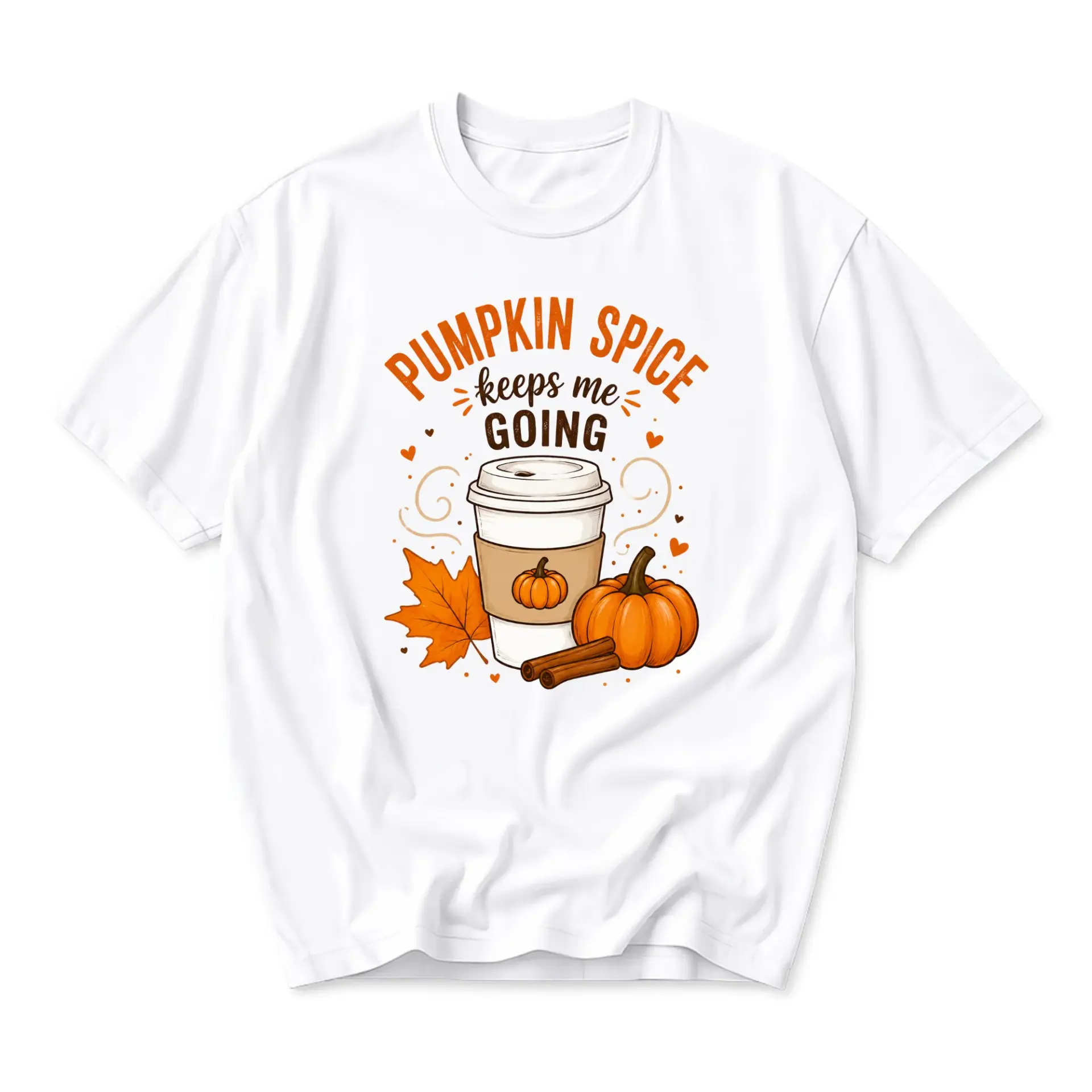 T-shirt Pumpkin Spice Keeps Me Going Graphic Tee Autumn Coffee Lover Short Sleeve Fall Seasonal Apparel White Top