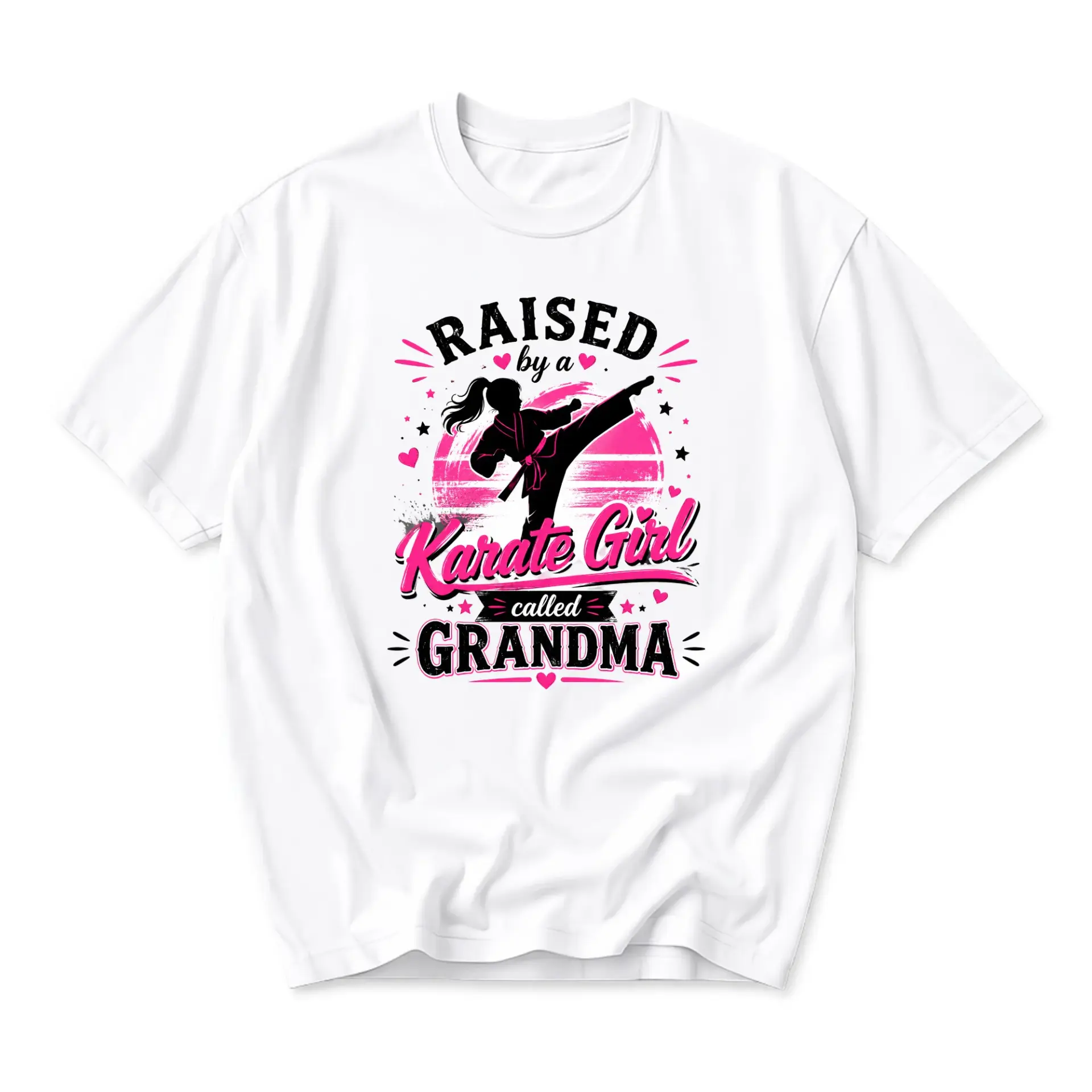 Funny Shirt Raised by a Karate Girl Called Grandma Graphic Tee Casual Unisex Crew Neck Top Short Sleeve Apparel White