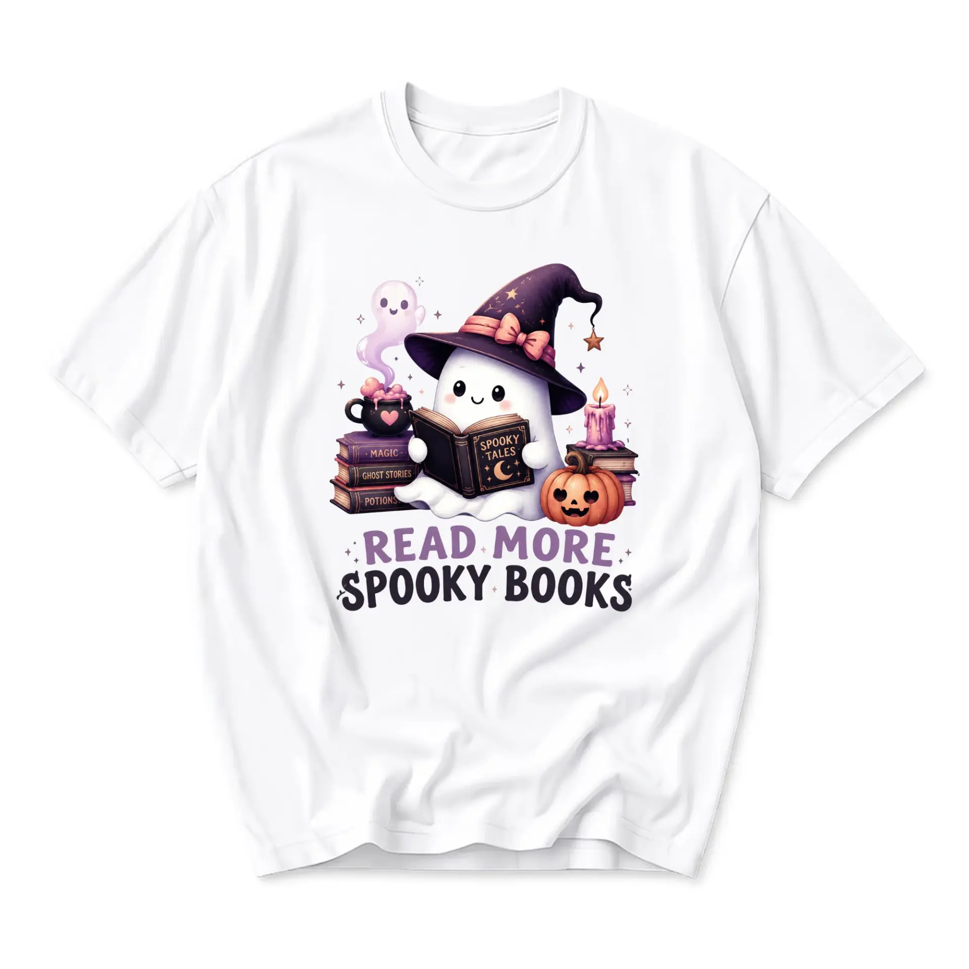Graphic Tee Read More Spooky Books Ghost Shirt Cute Reading Witch Hat Halloween Crew Neck Unisex Cotton Casual Top