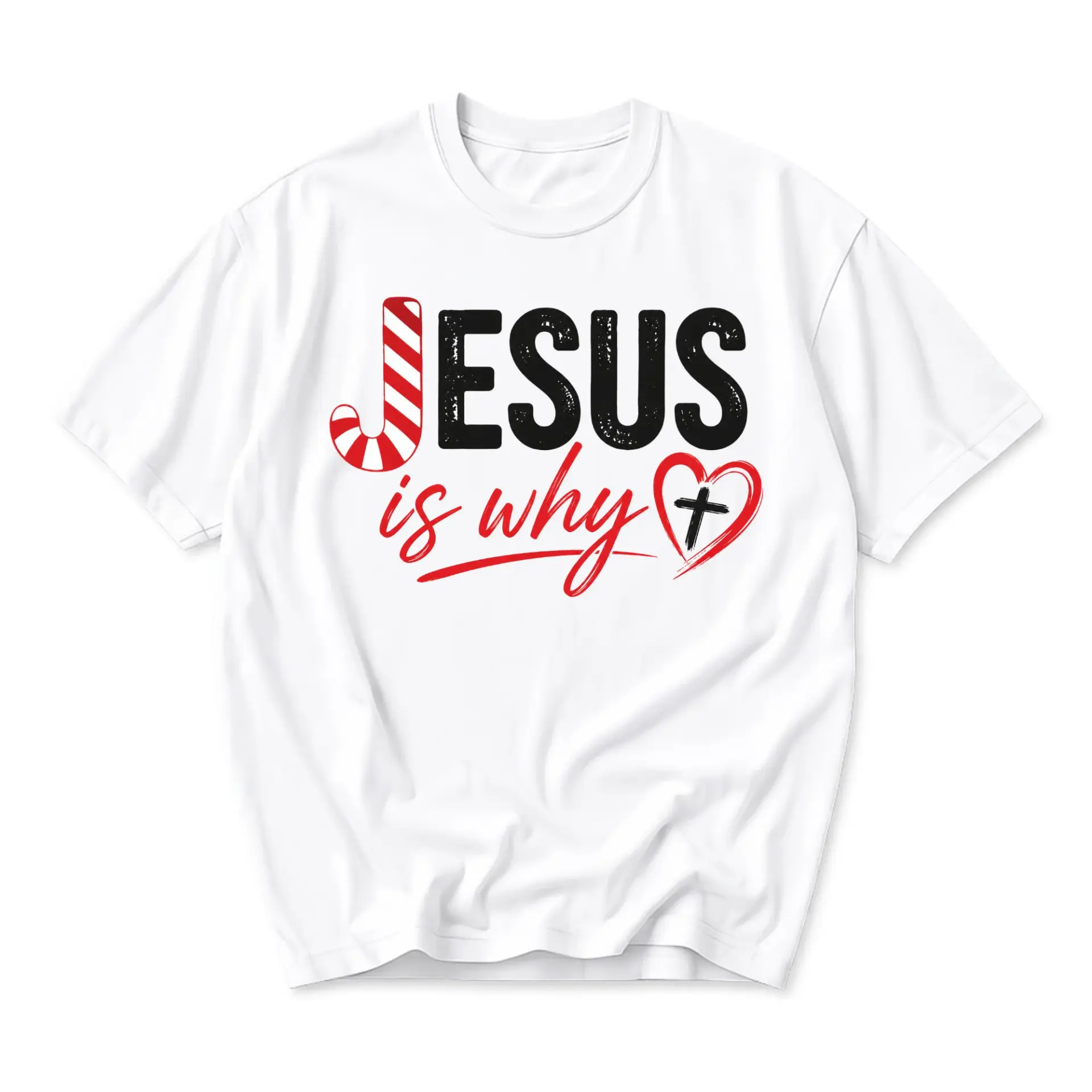 Graphic Tee Jesus Is Why Candy Cane Heart Religious Christian Faith Unisex Crew Neck Casual Short Sleeve Shirt
