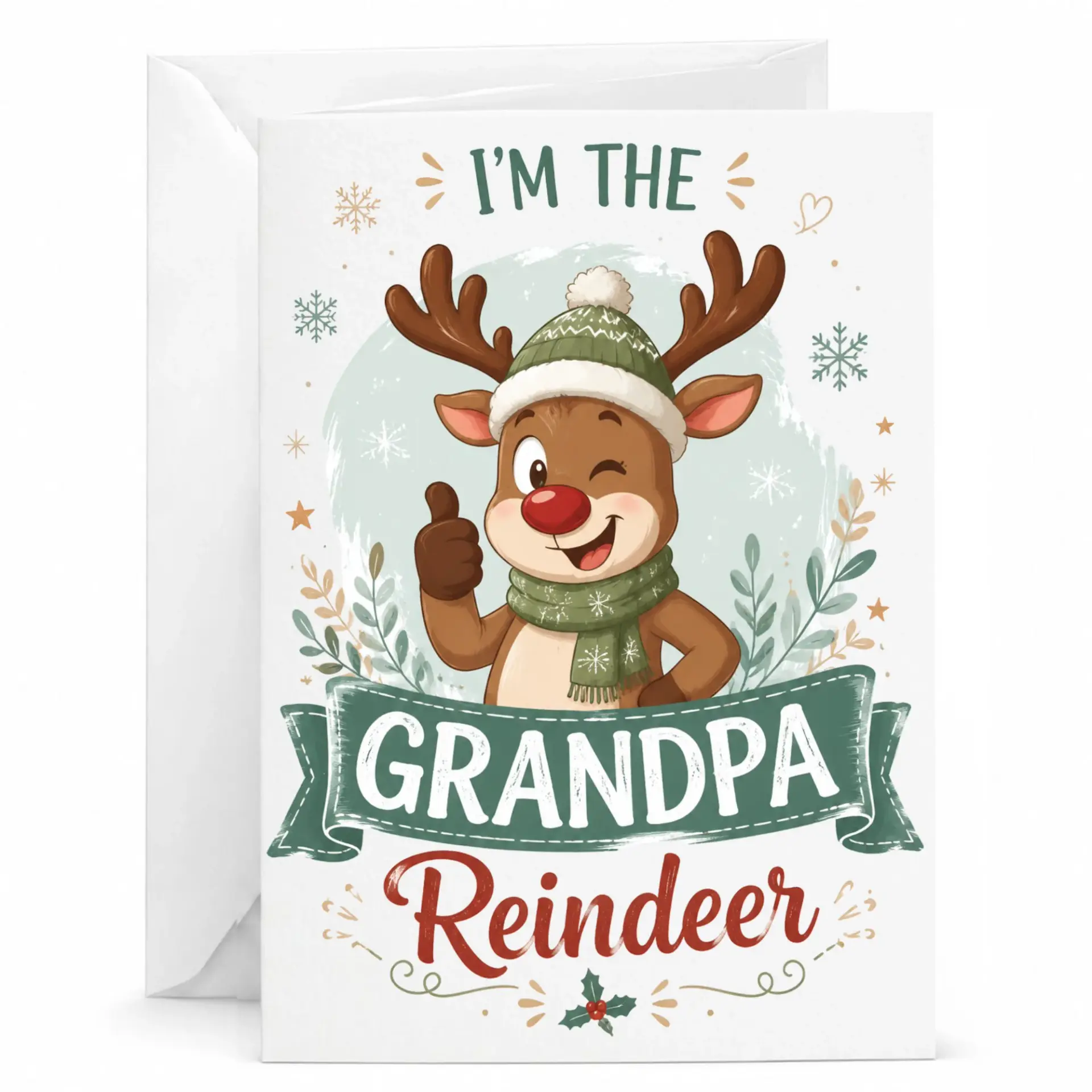 Funny Greeting Card for Grandpa Reindeer Winter Holiday Card with Matching Envelope Included 5x7 Inches Folded