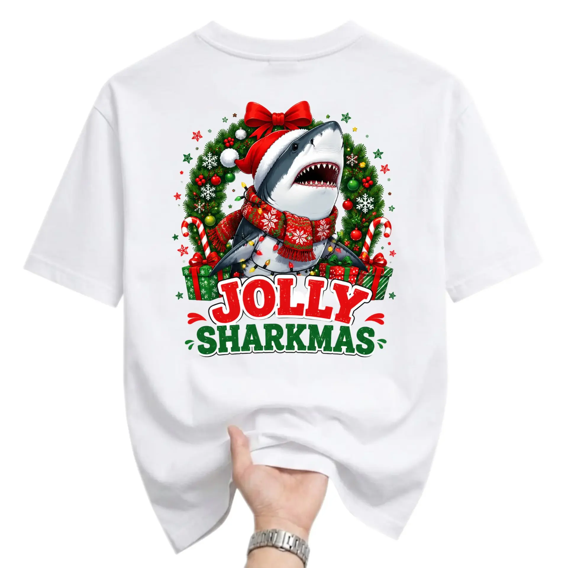 Funny Shirt Jolly Sharkmas Christmas Graphic Tee Unisex Casual Crew Neck
