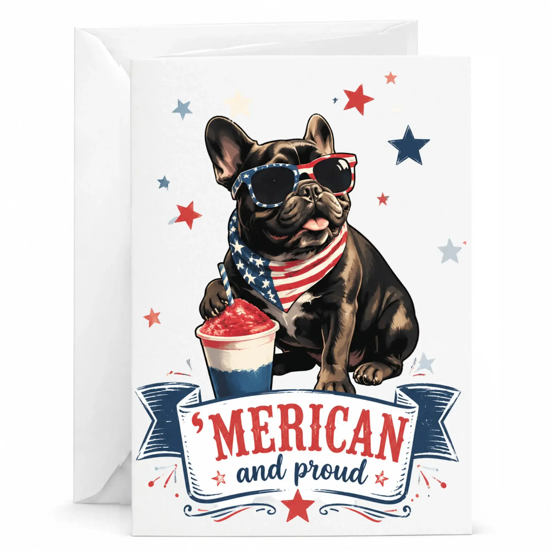 Funny Greeting Card Patriotic Summer Dog Design for Birthdays and Holidays 5x7 Inch Folded Stationery