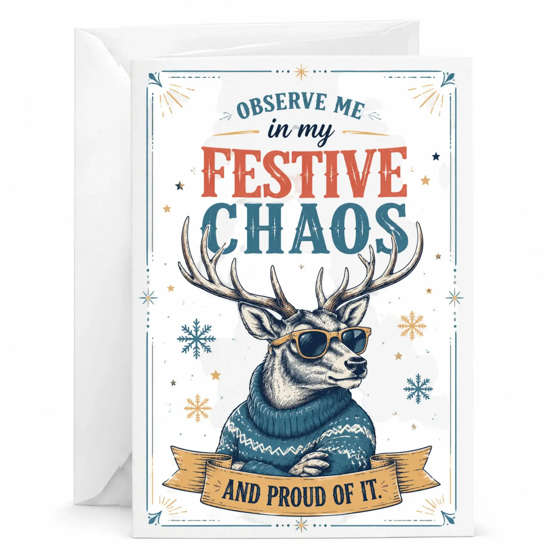 Funny Festive Chaos Greeting Card, Cool Reindeer Wearing Sunglasses and Sweater Holiday Note for Friends and Family