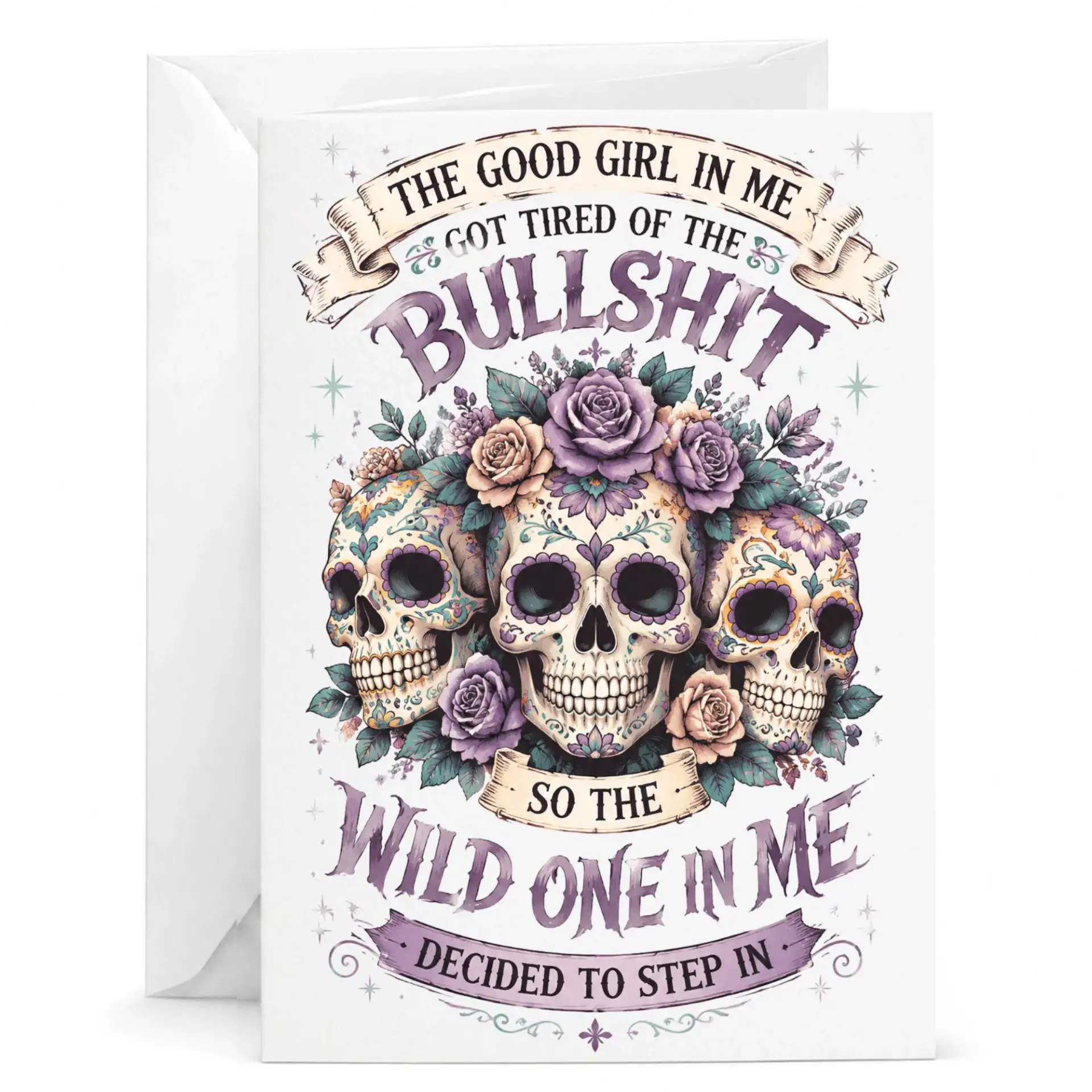 Funny Greeting Card with Skull and Floral Art Design Quote Stationery for Any Occasion 5x7 Inches Blank