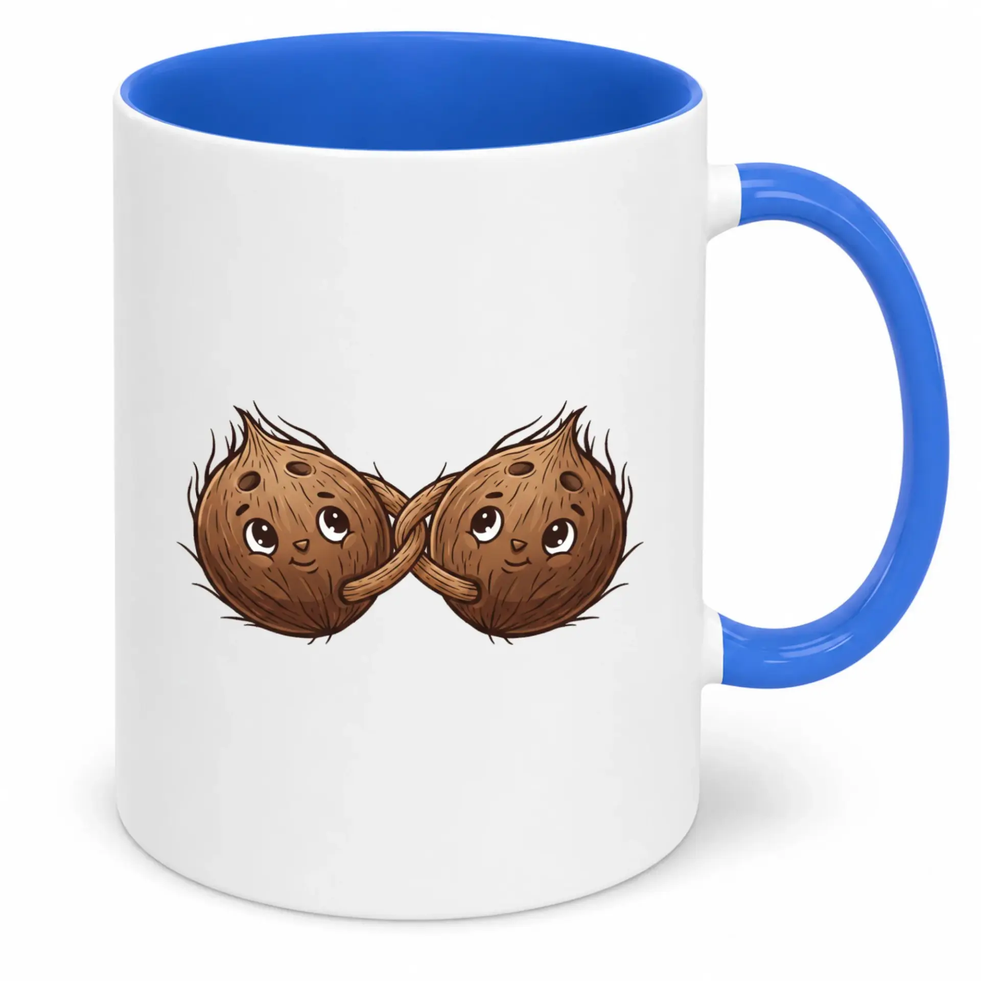 Funny Coconut Friends Coffee Mug, Ceramic Tea Cup with Adorable Tropical Cartoon Design, 11oz or 15oz White Drinkware for Home and Office Use