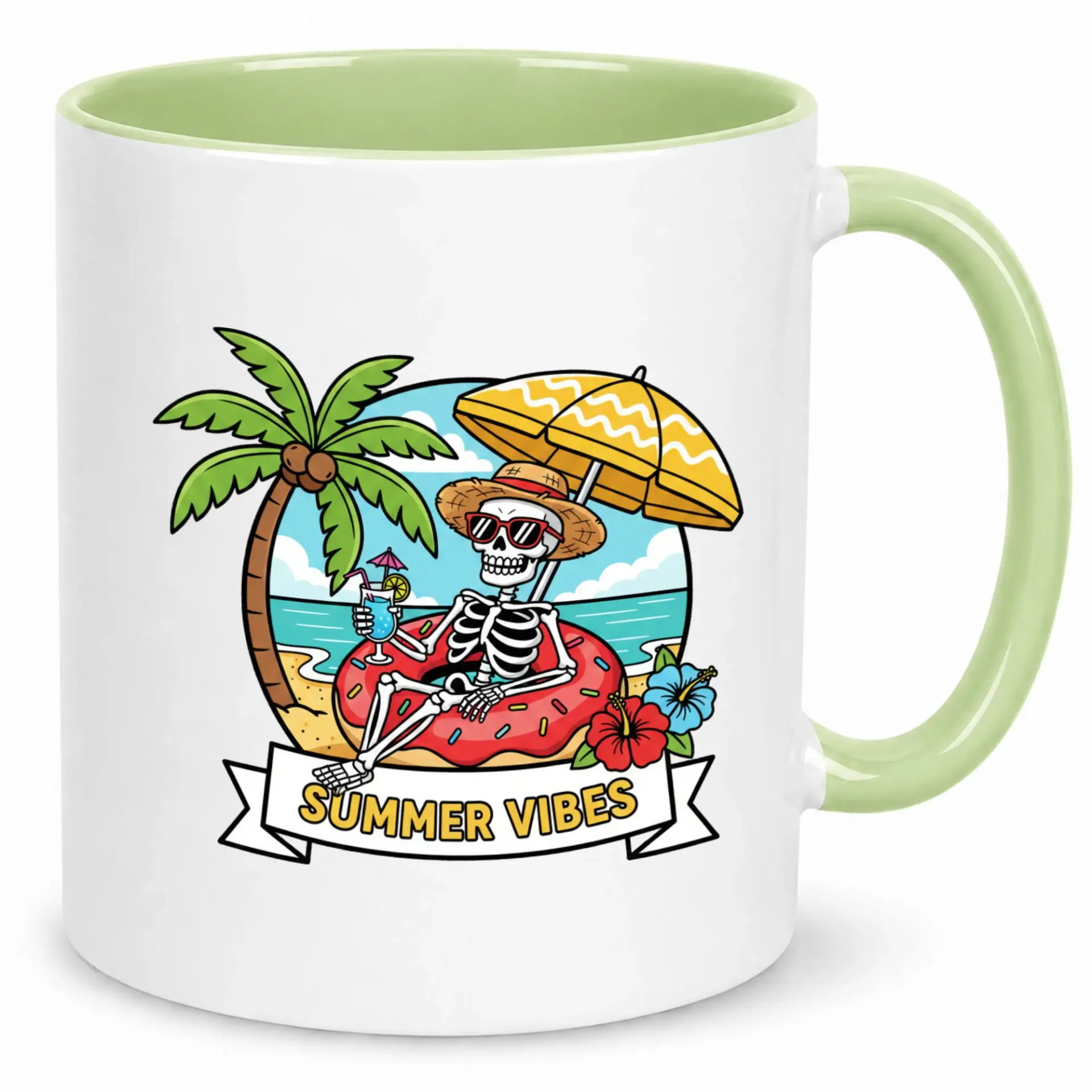 Funny Skeleton Summer Vacation Coffee Mug, Relaxing Beach Vibe Ceramic Tea Cup, Novelty Beverage Drinkware Gift for Home Office