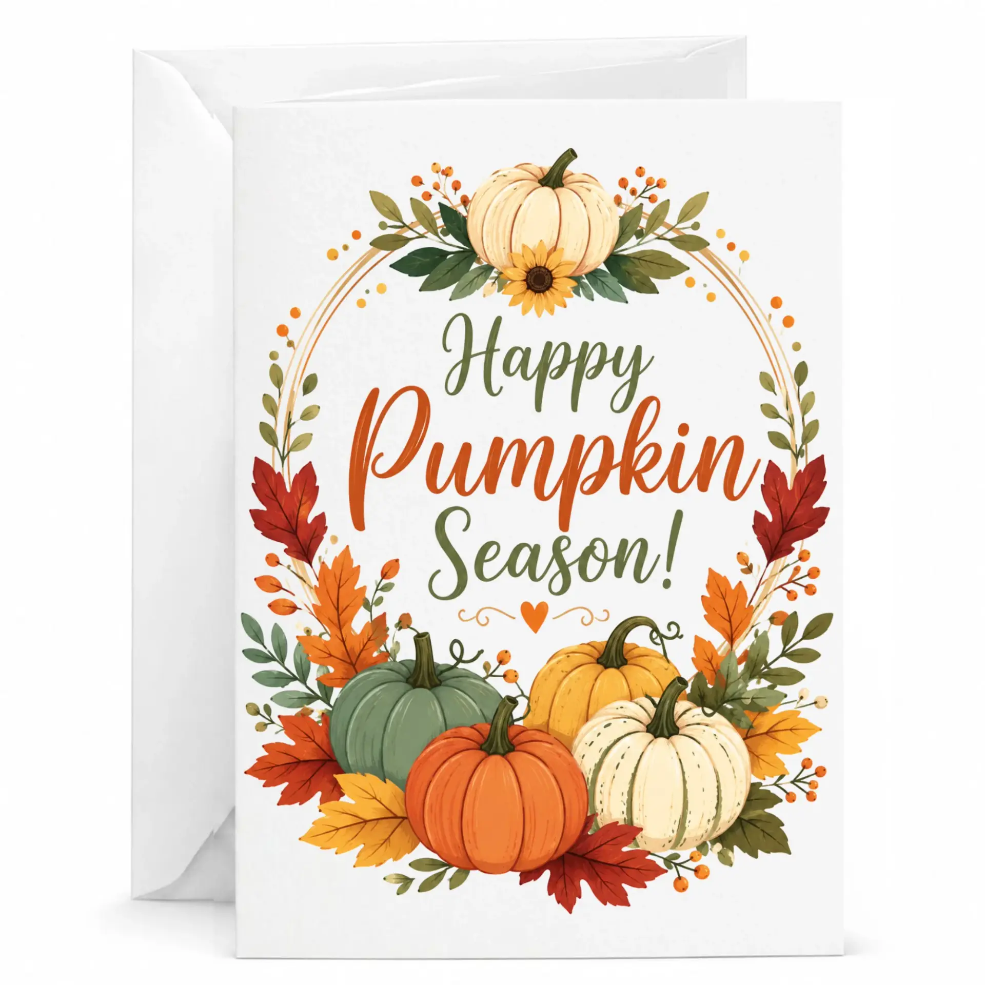 Greeting Card Happy Pumpkin Season Festive Fall Autumn Design with Matching White Envelope