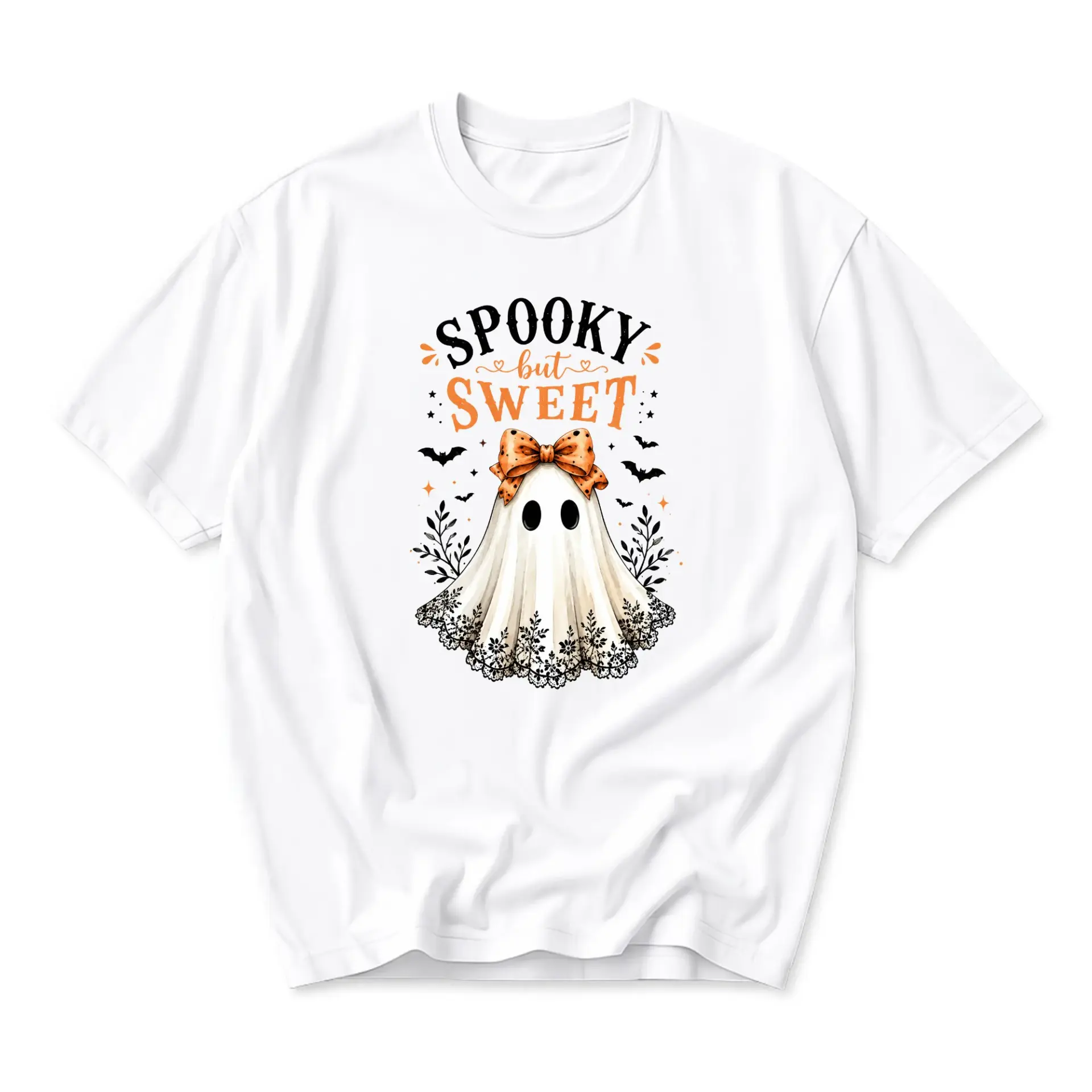 Funny Shirt Spooky but Sweet Ghost Graphic Tee Unisex Casual Apparel for Autumn Seasonal Enthusiasts White Crew Neck