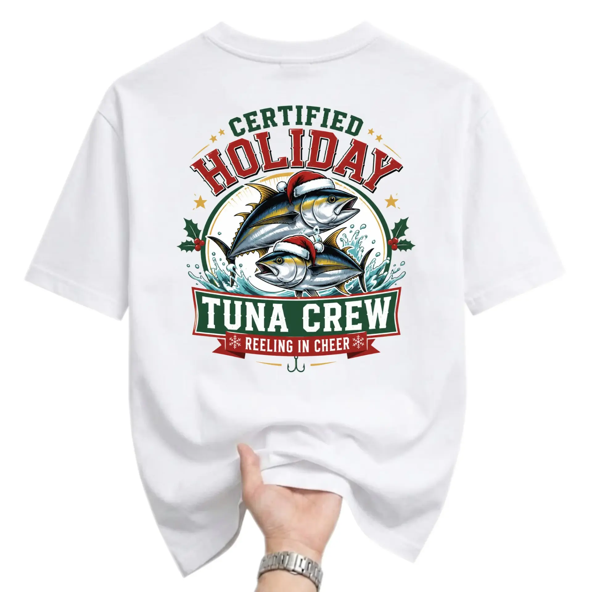 Funny Shirt Certified Holiday Tuna Crew Graphic Tee Seasonal Fishing Enthusiast Unisex Crew Neck Apparel White