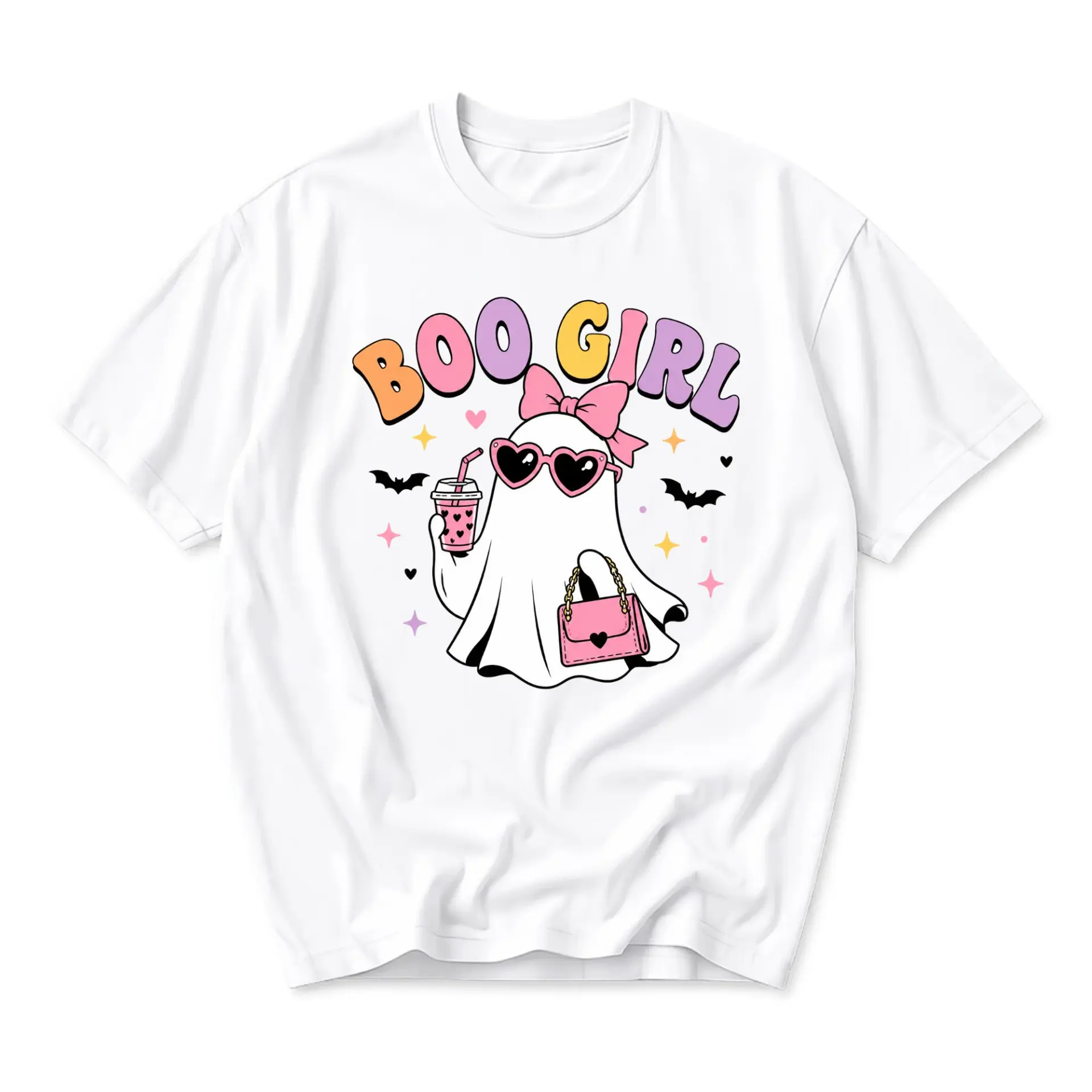 Graphic Tee Boo Girl Retro Ghost T-Shirt Cute Spooky Seasonal Apparel Unisex Crew Neck Casual Everyday Fashion Top
