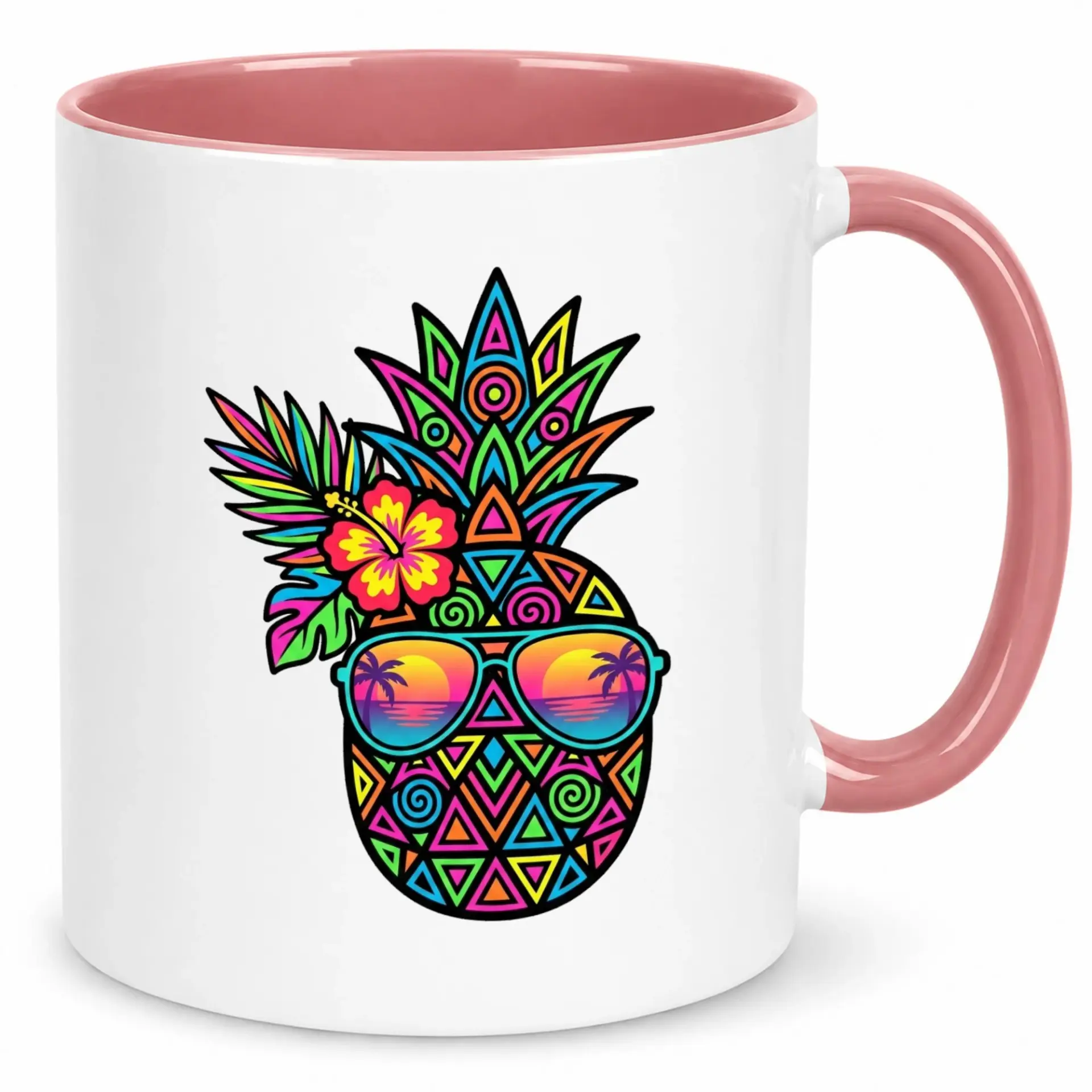 Coffee Mug with Vibrant Tropical Pineapple Design Wearing Sunglasses, Fun Summer Vacation Aesthetic Ceramic Cup for Hot and Cold Beverages