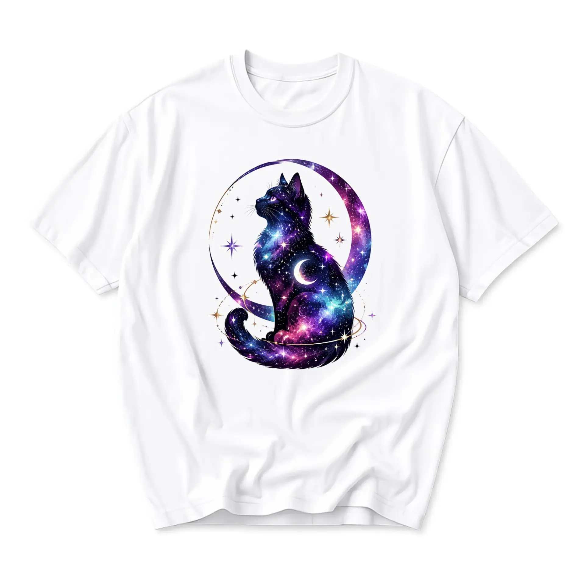 T-shirt Galaxy Cat Graphic Tee Celestial Space Animal Print Short Sleeve Cotton Blend Casual Crew Neck Summer Top