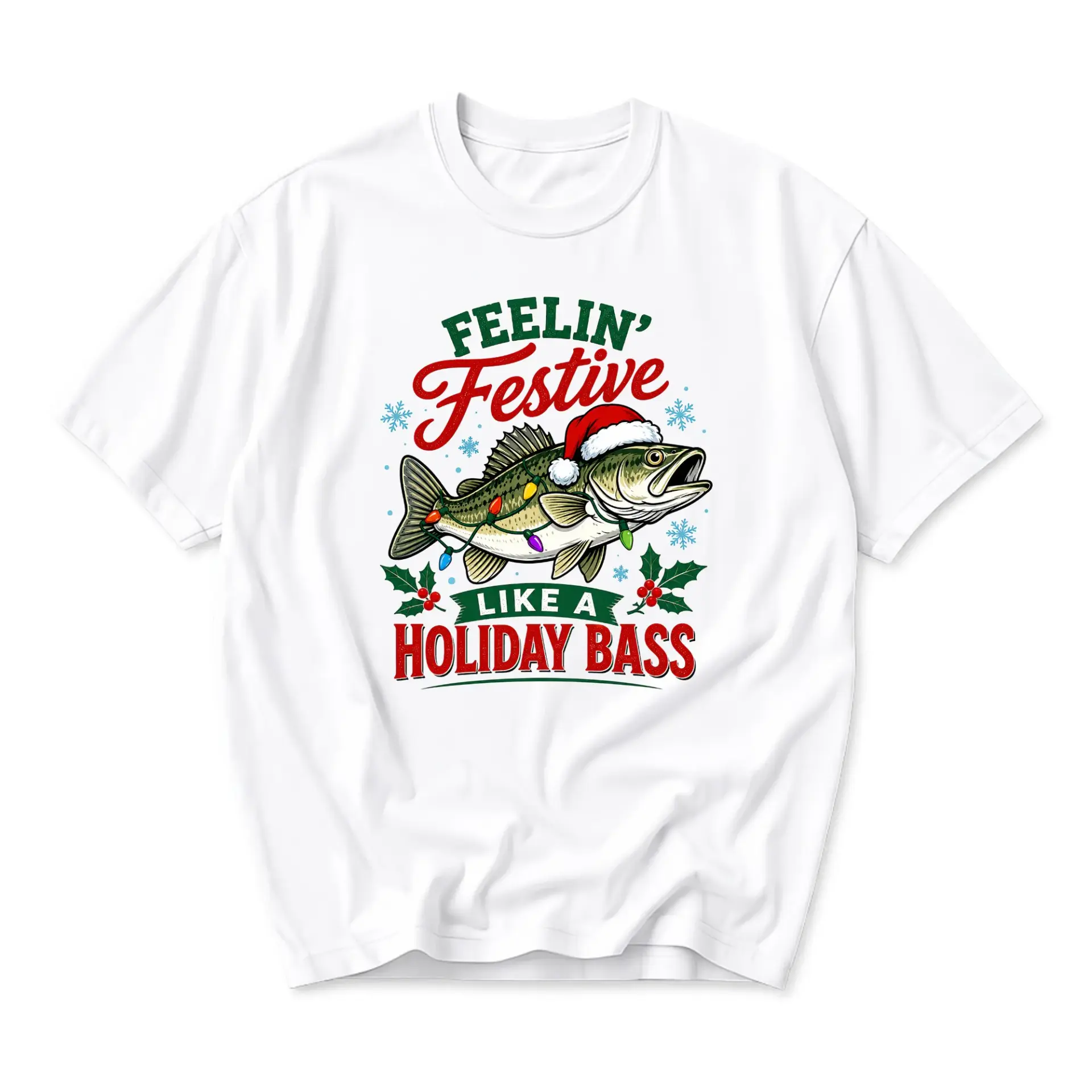 Funny Shirt Feelin Festive Like a Holiday Bass Graphic Printed Unisex Casual T-Shirt for Fishing Lovers Christmas