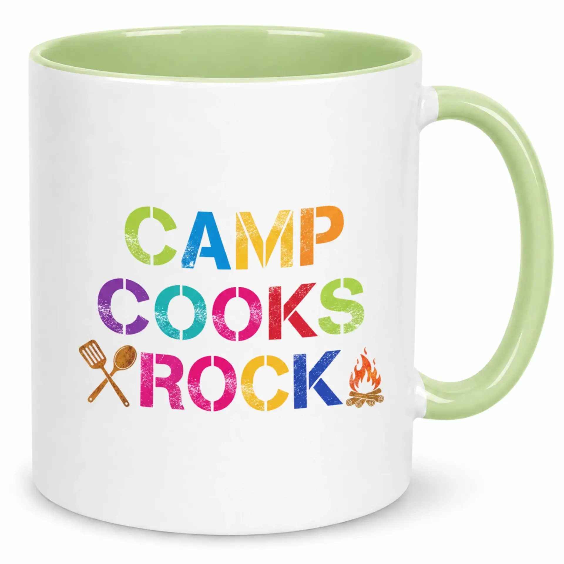 Funny Camp Cooks Rock Ceramic Coffee Mug, 11oz or 15oz, Vibrant Colorful Camping Kitchen Design with Green Handle and Interior