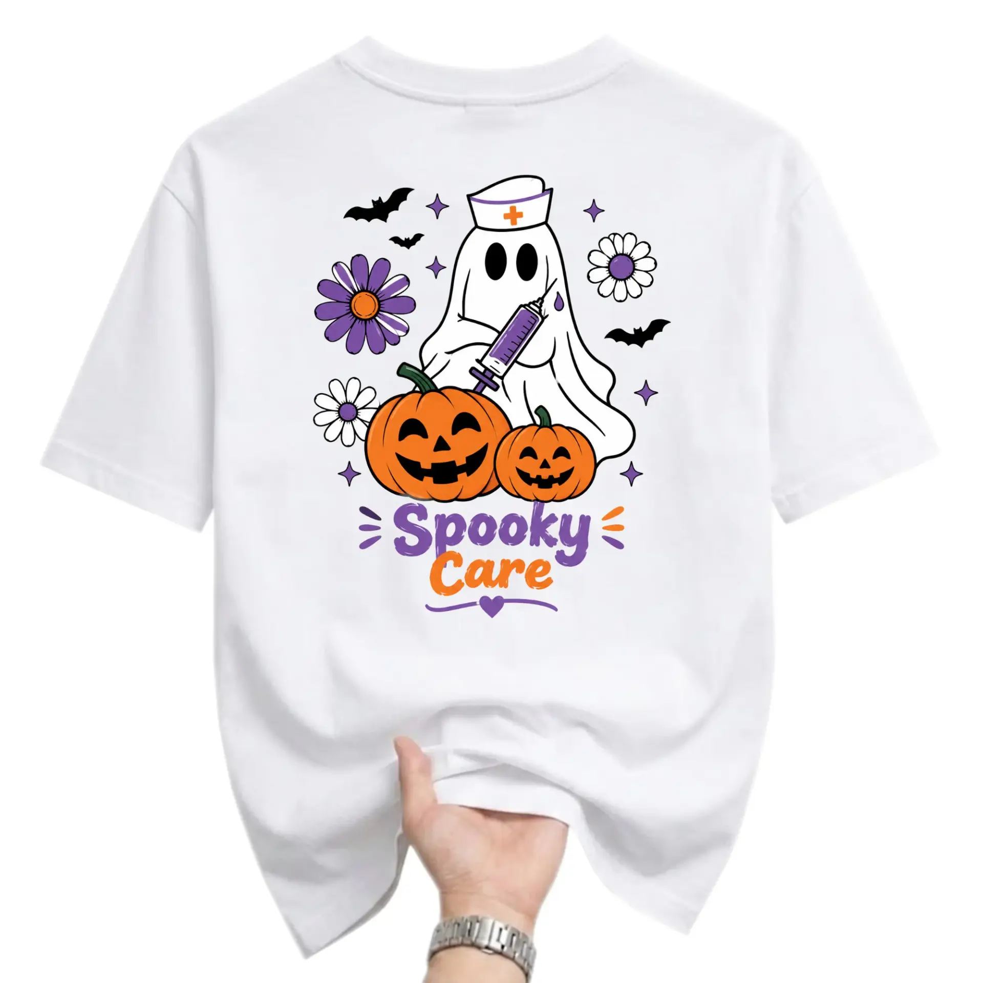 Graphic Tee Spooky Care Ghost Nurse Halloween T-Shirt Unisex Crew Neck Casual Everyday Apparel White Cotton Shirt