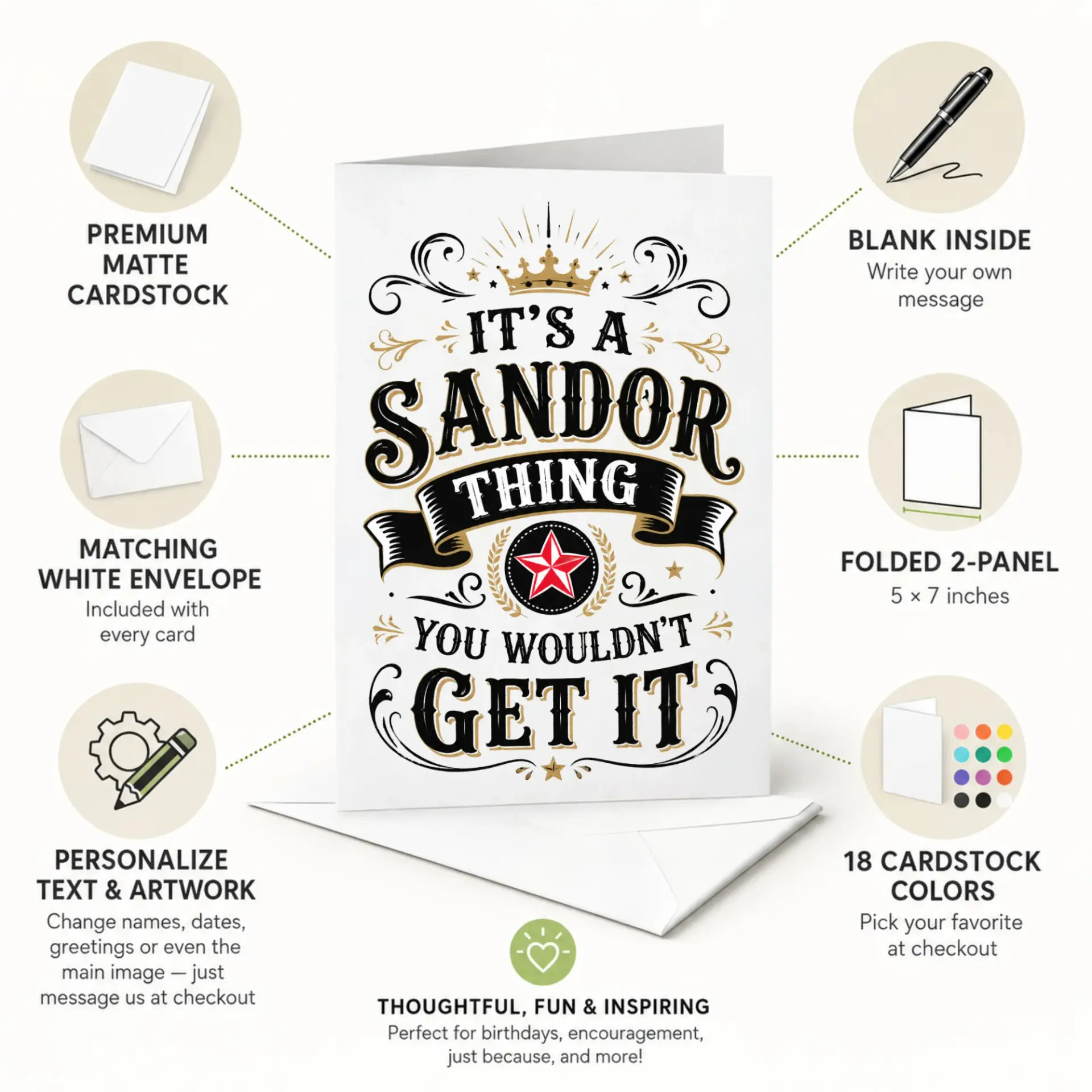 Greeting Card for Sandor Funny Personalized Name Quote Design Folded Note with Matching White Envelope 5x7 Inches