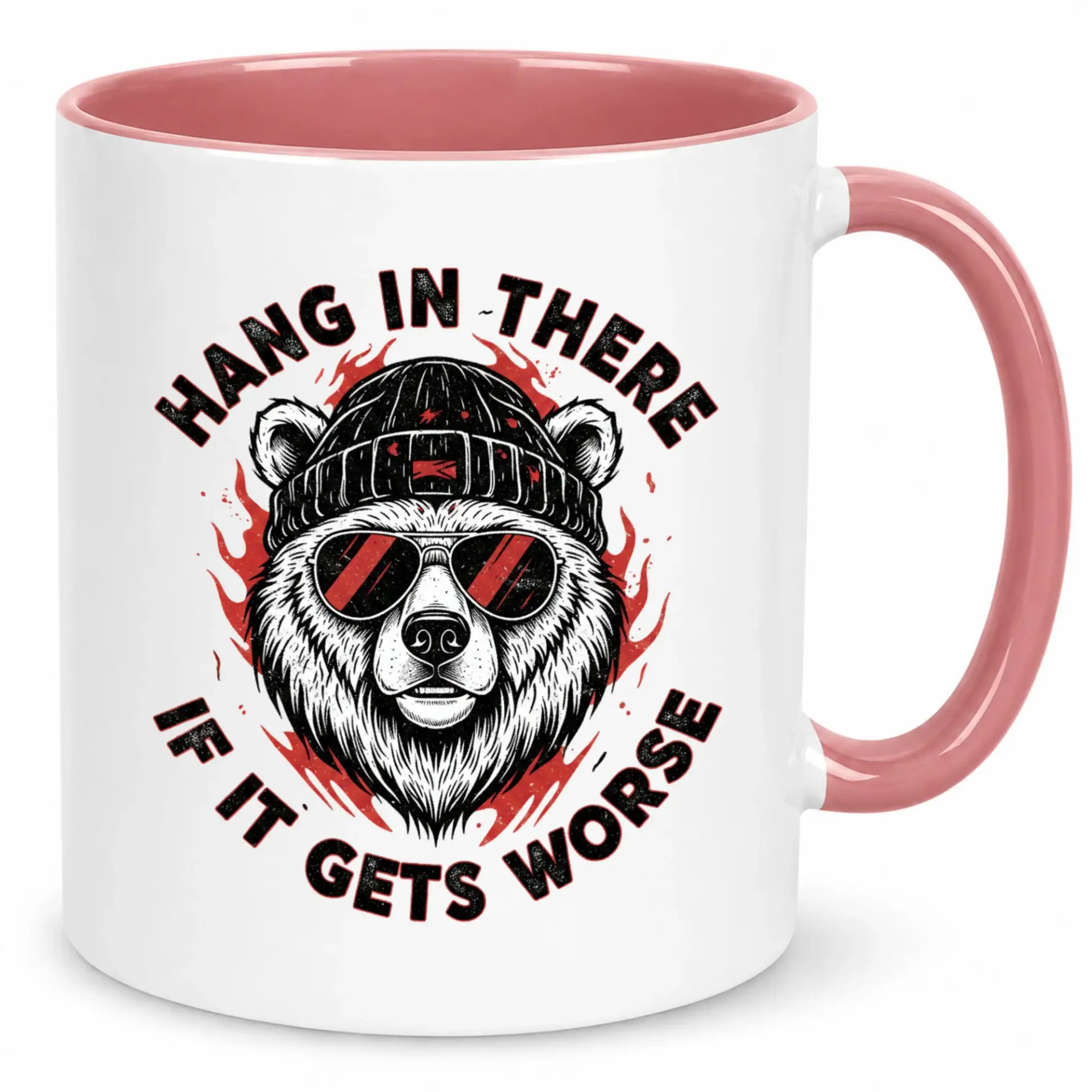 Funny Coffee Mug with Design "hang in There If It Gets Worse" Sarcastic Quote Ceramic Beverage Cup White and Pink Accent