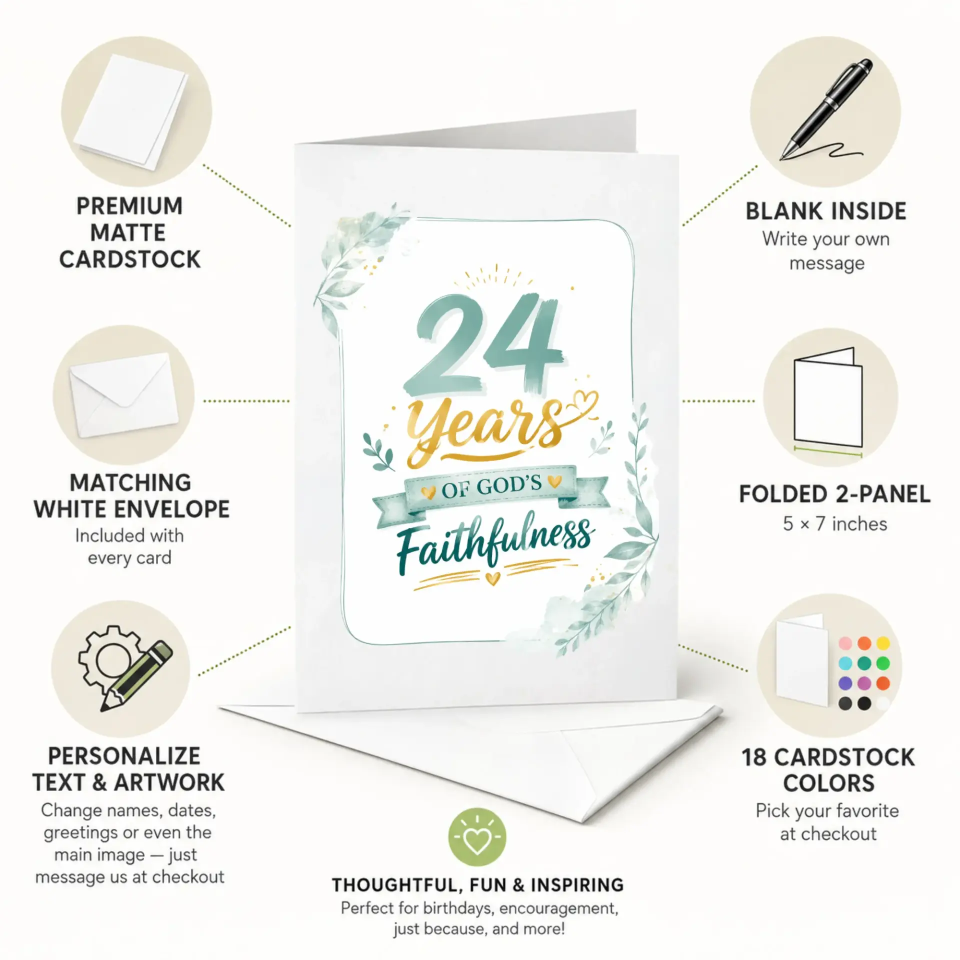 Greeting Card for 24th Anniversary Celebrating 24 Years of God's Faithfulness with Elegant Watercolor Floral Design