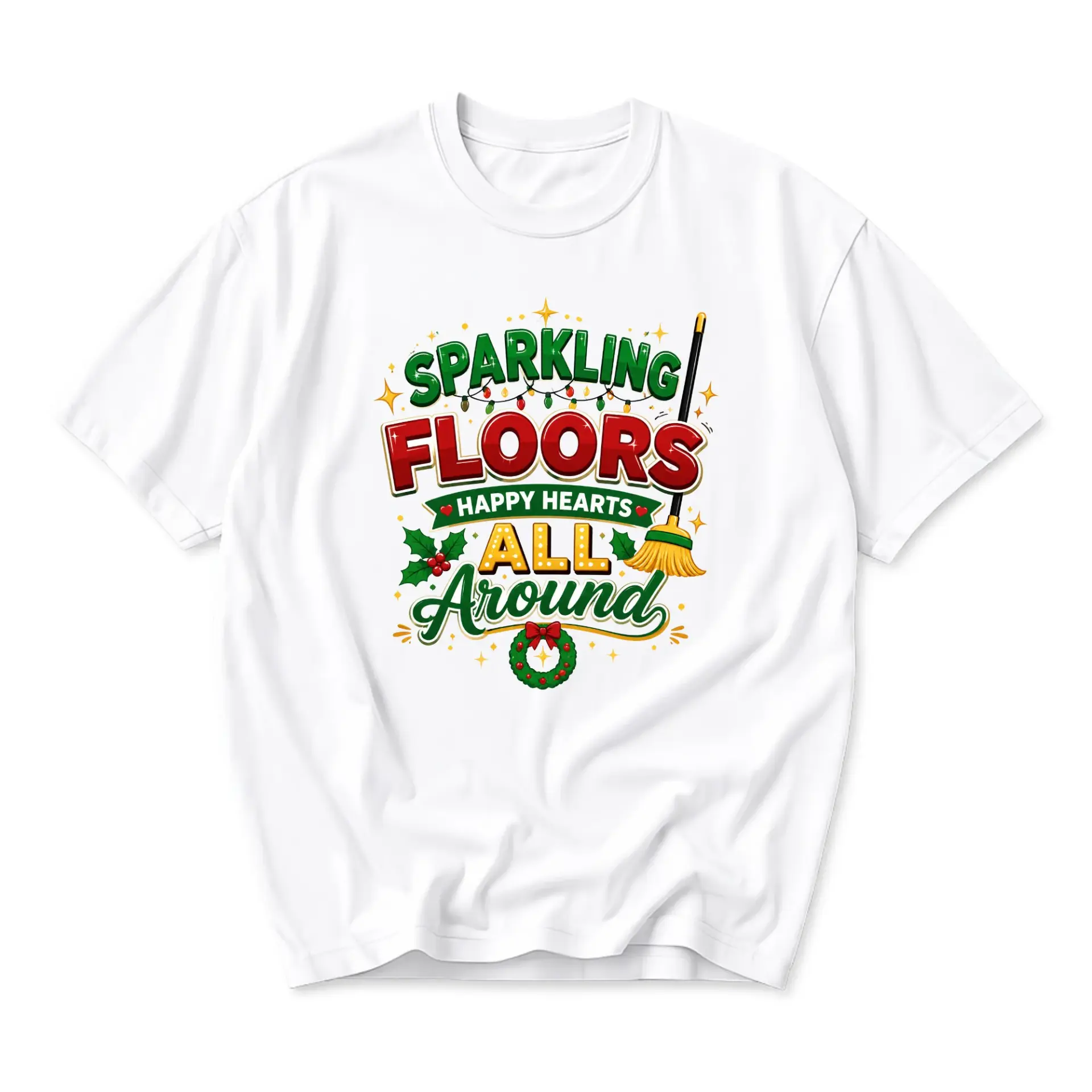 Funny Shirt Sparkling Floors Happy Hearts All Around Christmas Graphic Tee Casual Unisex Short Sleeve Crew Neck T-Shirt