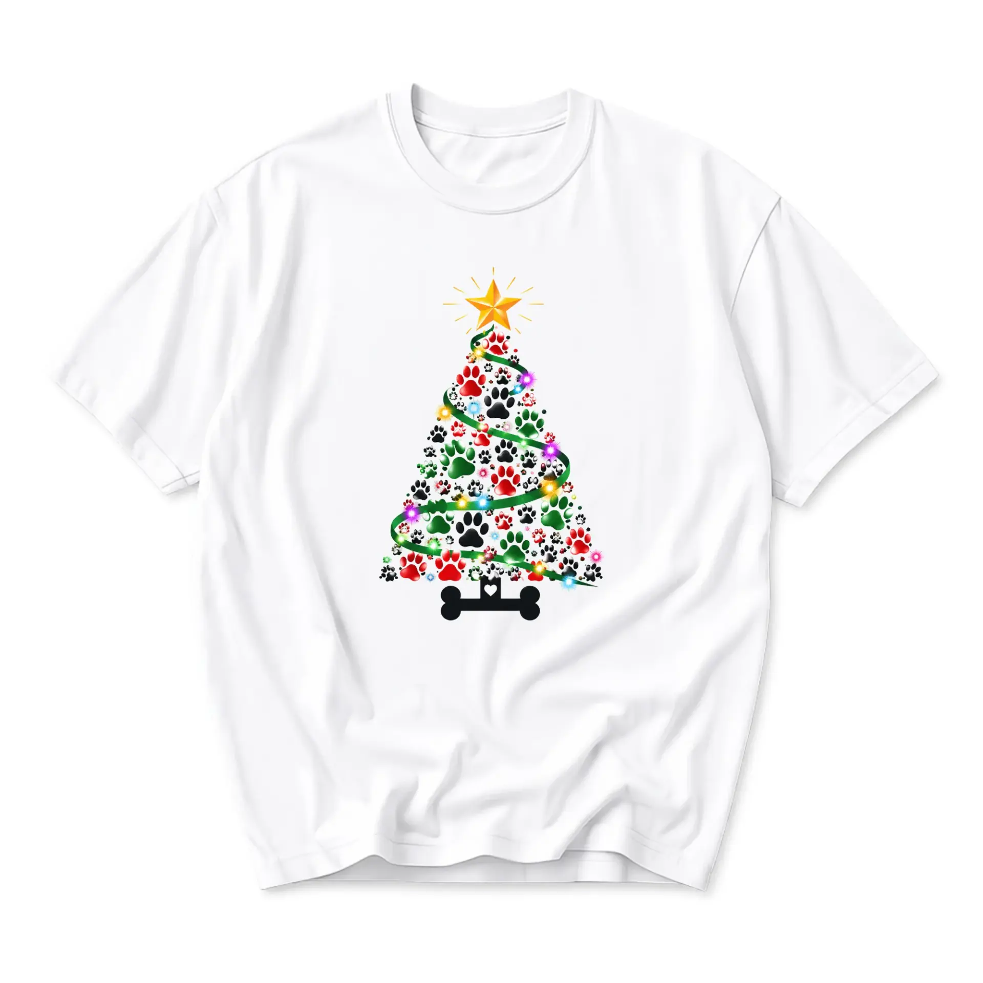 Graphic Tee Unisex Christmas Tree Paw Print Pattern Casual Crew Neck Short