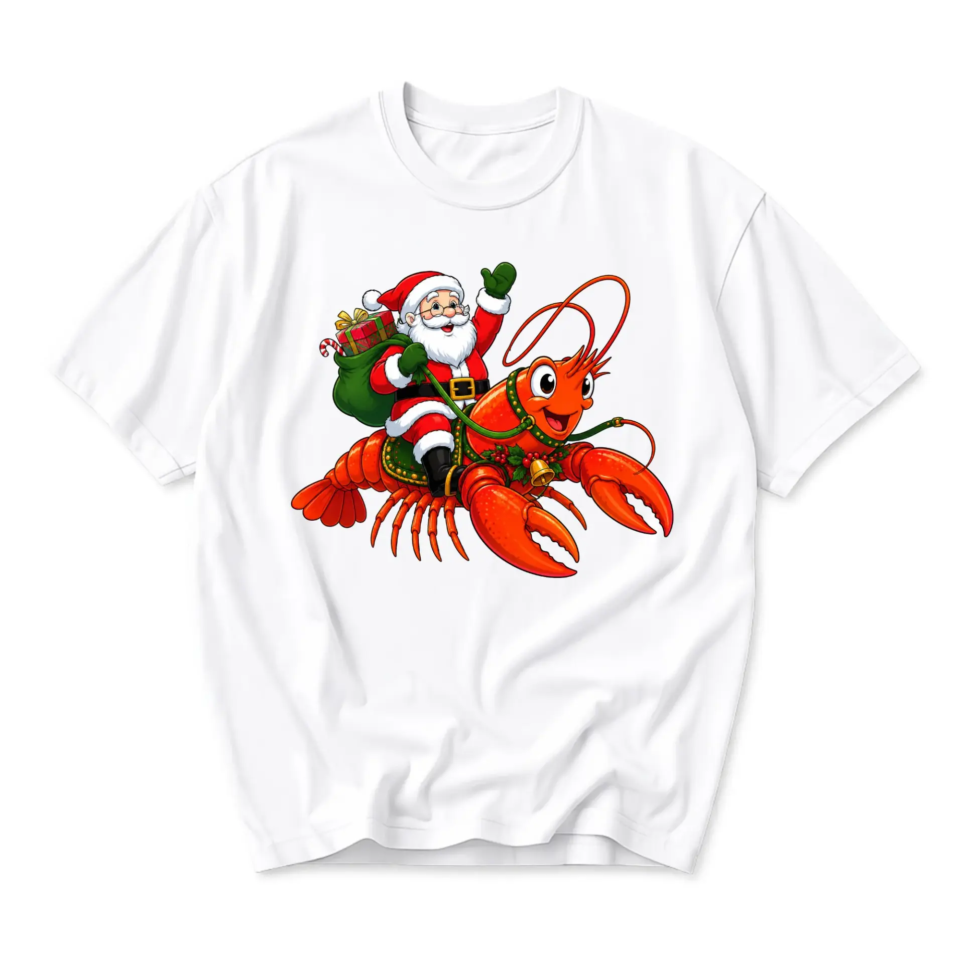 Funny Shirt Santa Claus Riding a Lobster Graphic Tee Holiday Christmas Humor Casual Unisex Crew Neck T-Shirt White