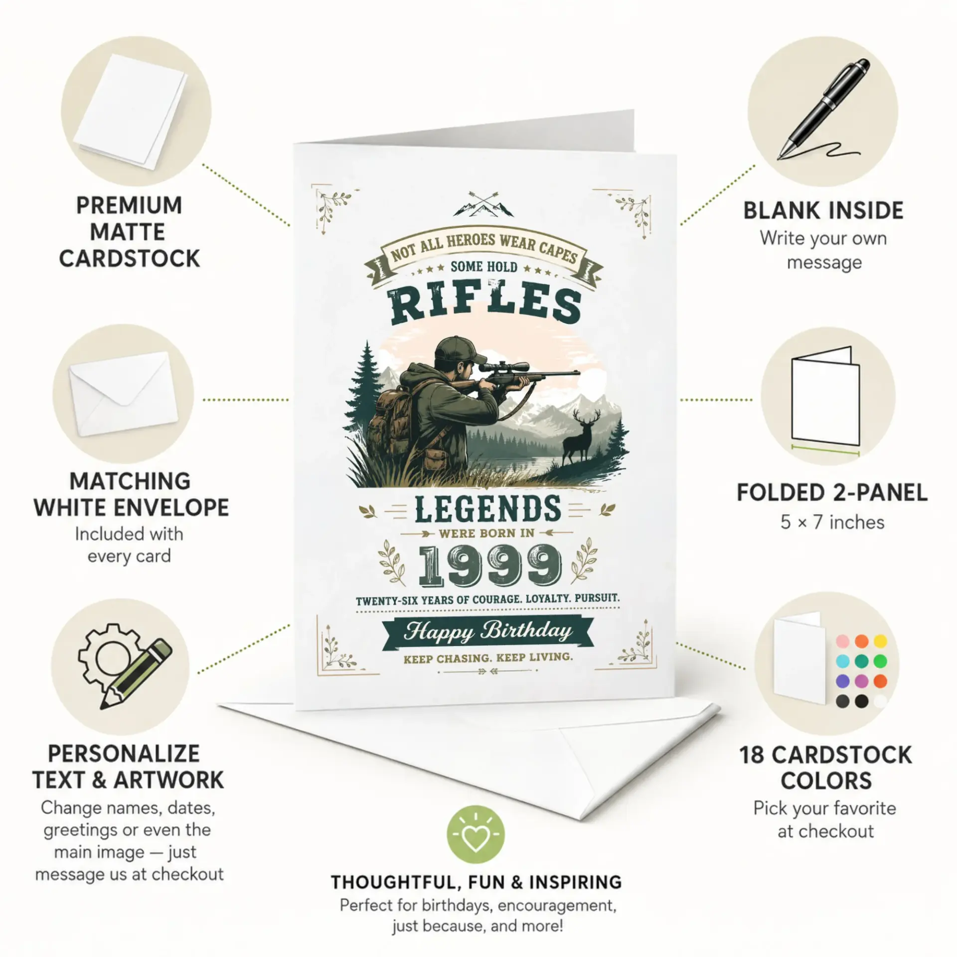 Funny Greeting Card for 26th Birthday Outdoors Hunter Design Born in 1999 Legend Theme Rifle Enthusiast Stationery