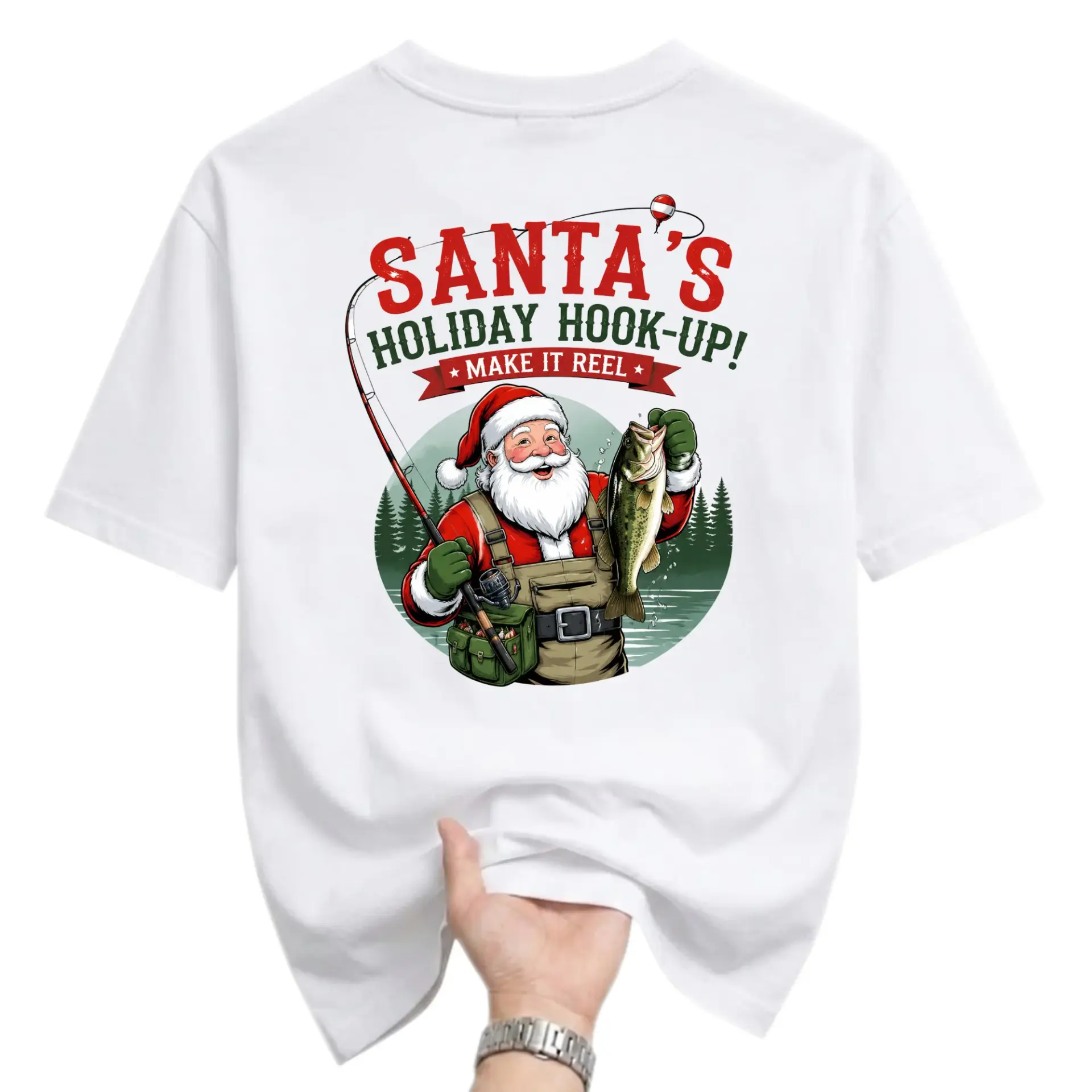 Funny Shirt Santa Fishing Holiday Graphic Tee Unisex Crew Neck Comfortable