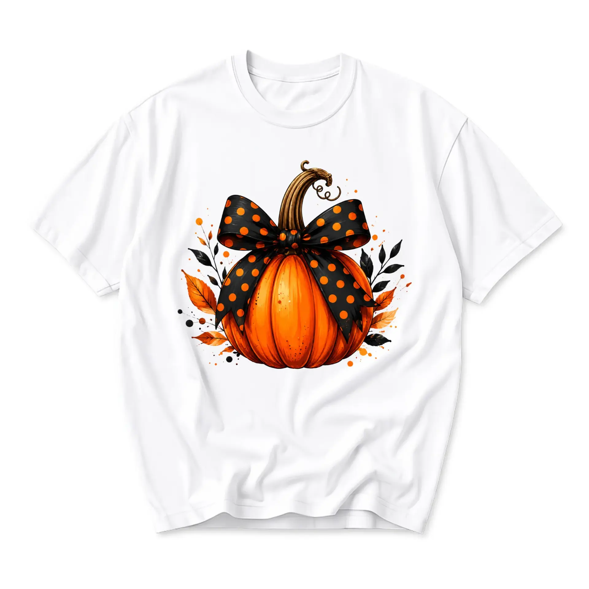 Graphic Tee Pumpkin with Polka Dot Bow Print Unisex Short Sleeve Crew Neck Casual Fall Holiday Everyday Cotton Shirt