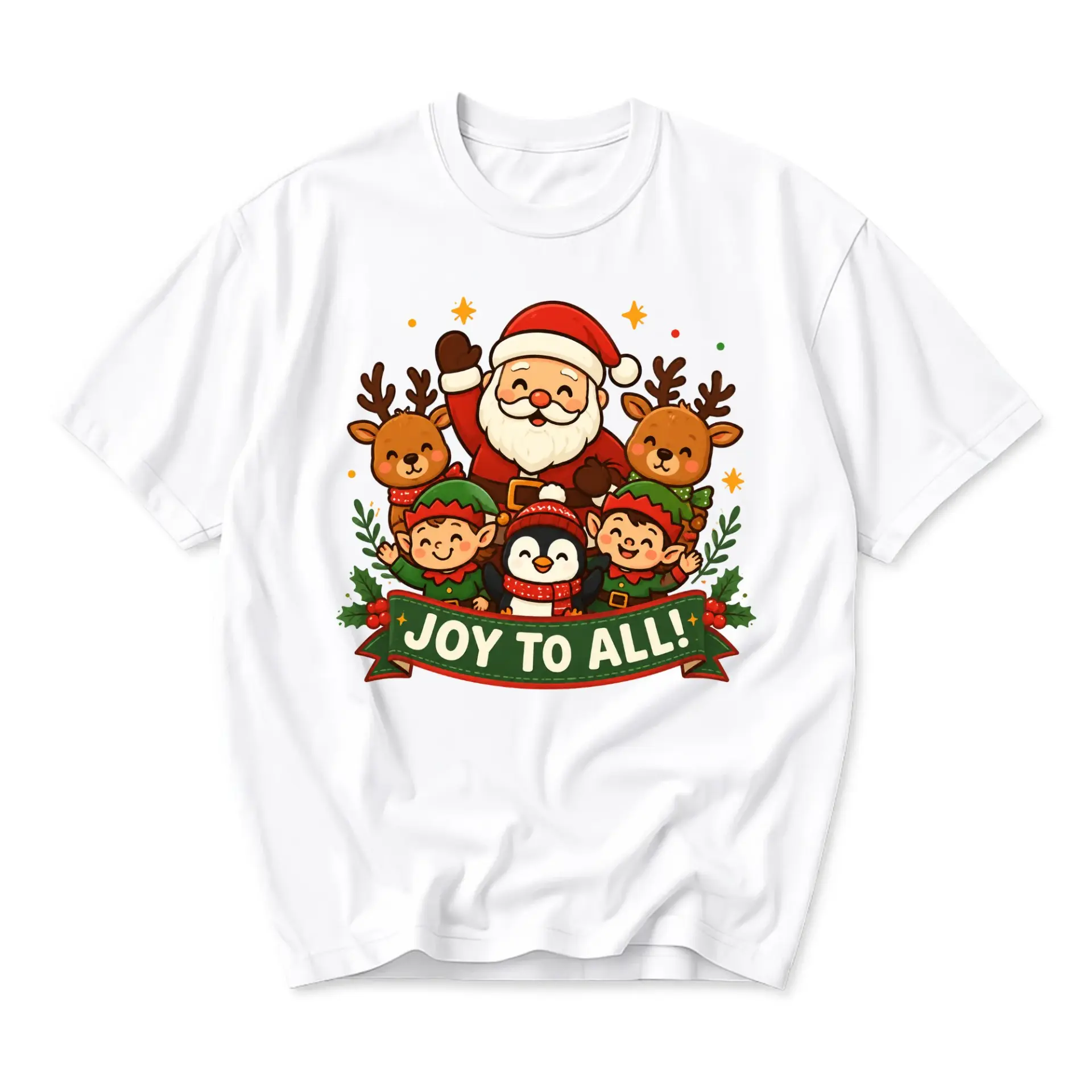 Graphic Santa Reindeer and Elves Holiday Print Unisex Casual Crew Neck Soft
