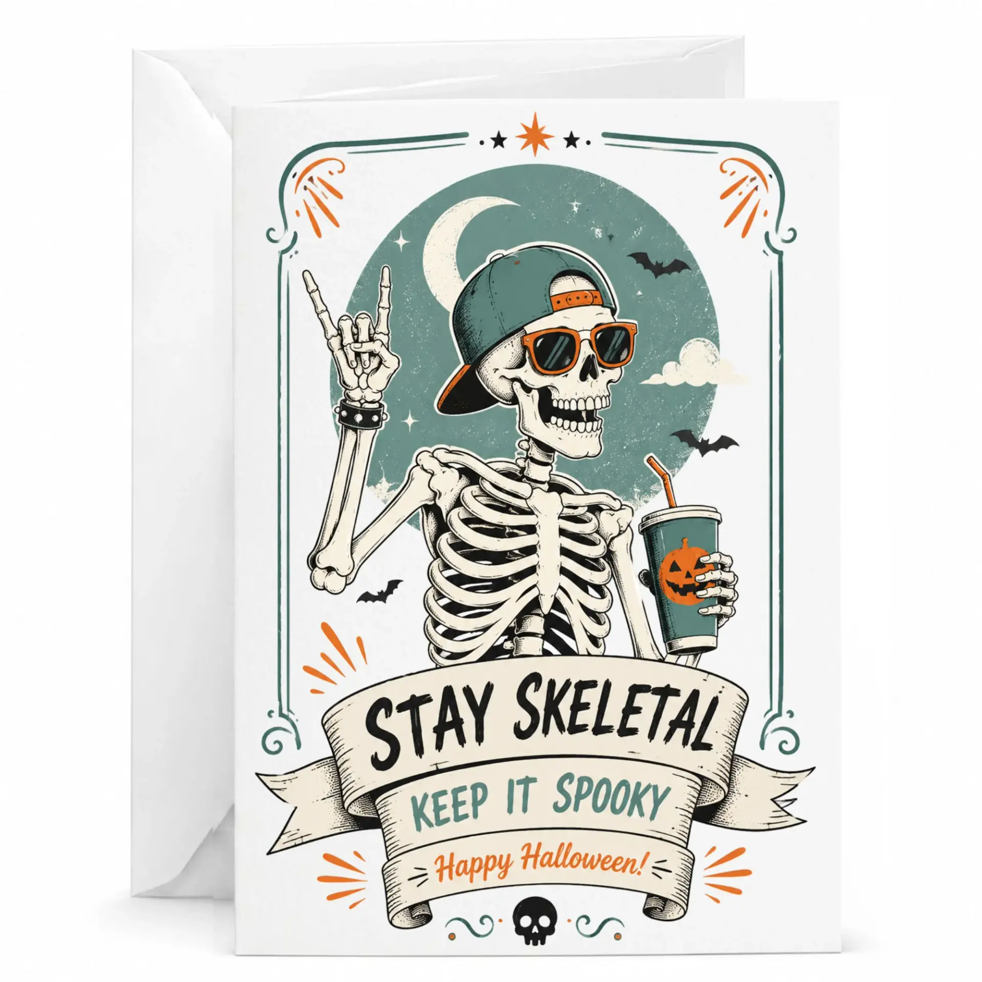 Funny Skeleton Greeting Card Stay Skeletal Keep It Spooky Design for Halloween and Fall Seasonal Cards