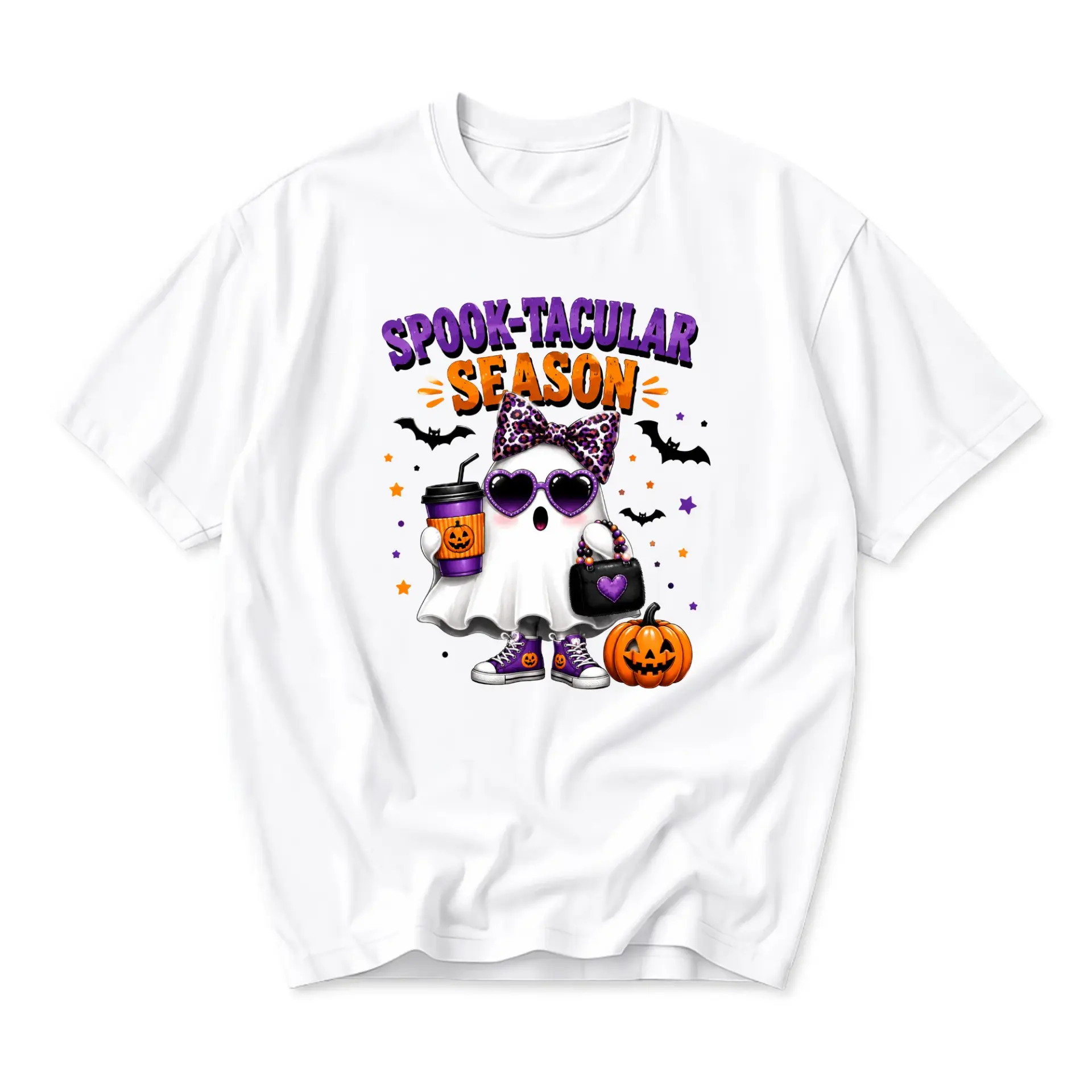 Graphic Tee Spook-Tacular Season Ghost Halloween Unisex Shirt Short Sleeve Casual Crew Neck Apparel for Fall Autumn