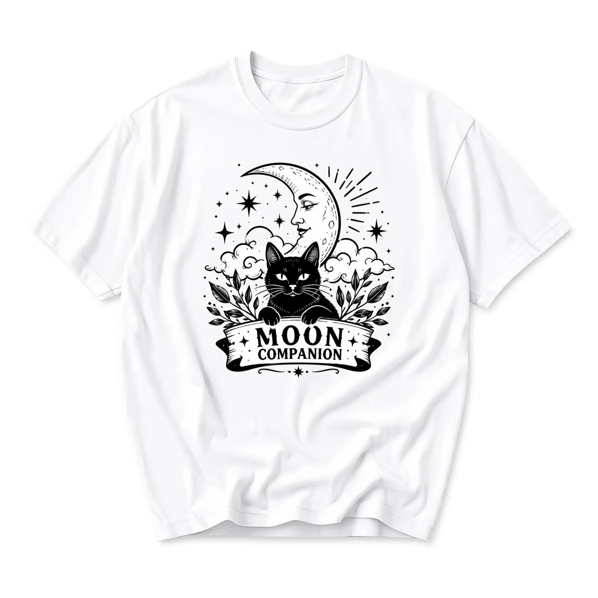 Graphic Tee Moon Companion Black Cat Illustration Celestial Whimsical Art Print White Unisex Crew Neck T-Shirt
