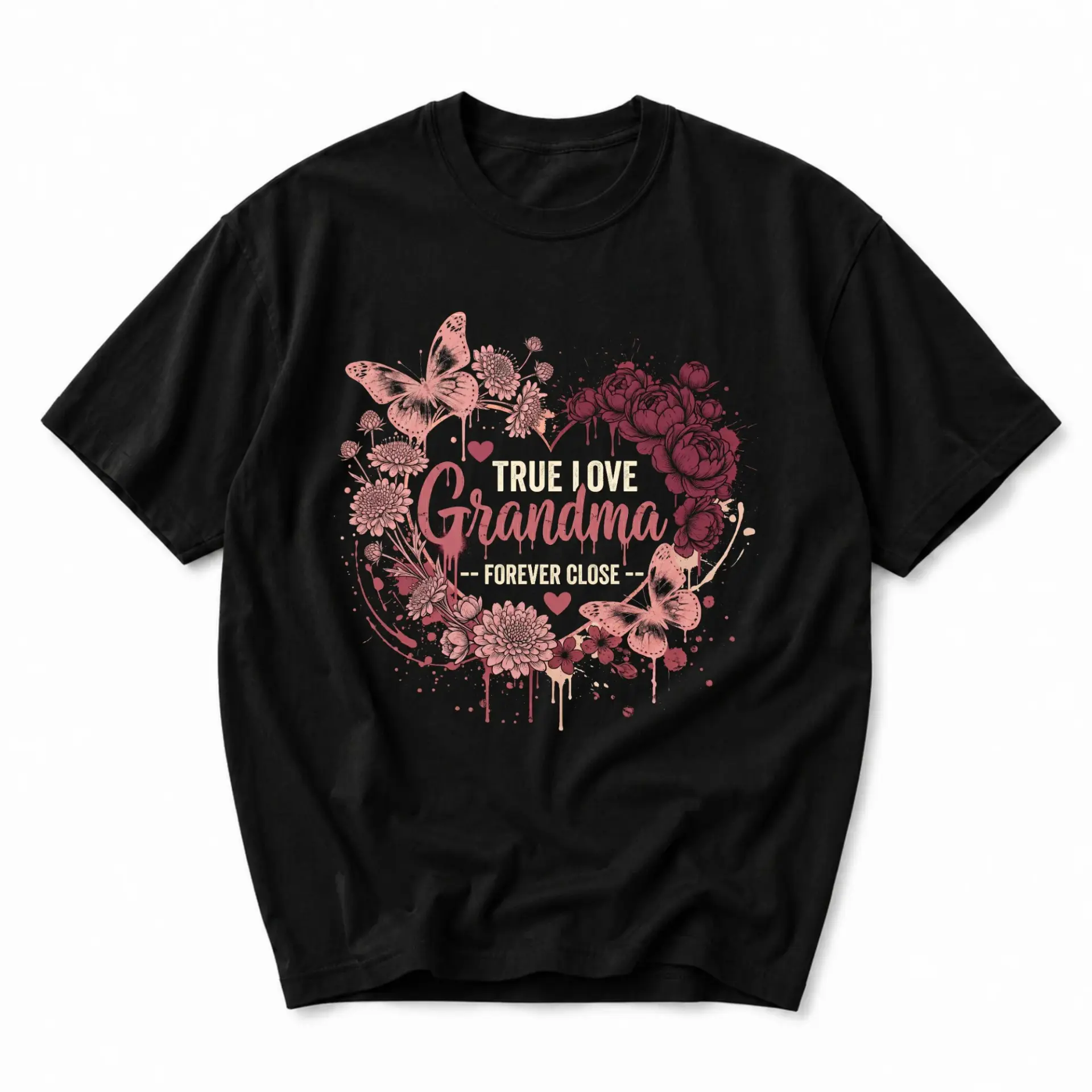 T-shirt True Love Grandma Forever Close Graphic Tee Vintage Style Floral Butterfly Print Casual Cotton Blend Top