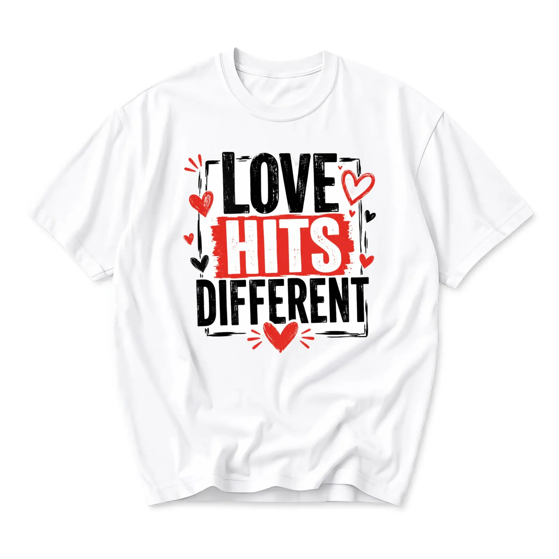Graphic Tee Love Hits Different Unisex Casual Crew Neck T-Shirt Soft Cotton Blend Top for Everyday Wear and Expression