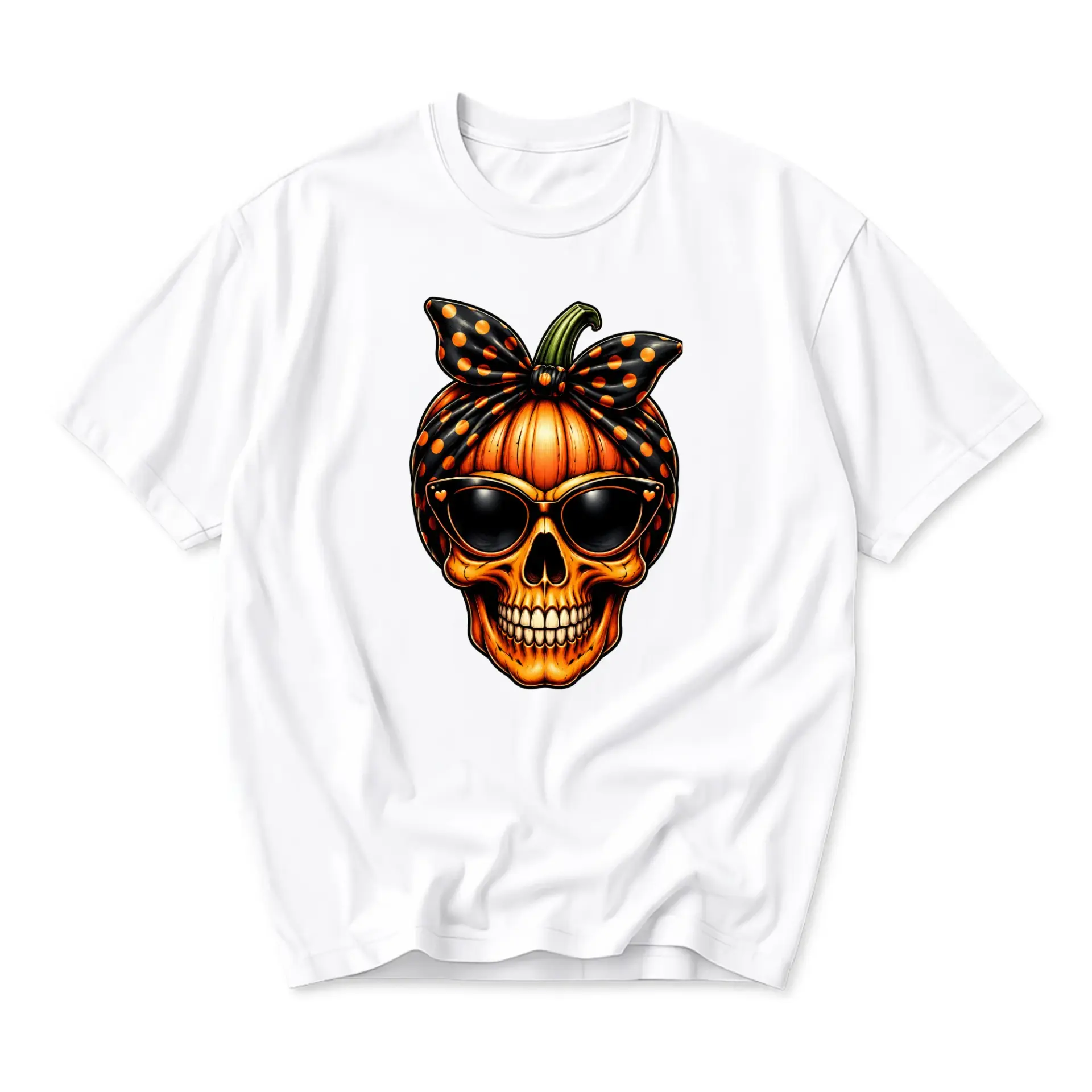 Graphic Tee Pumpkin Skull with Bowknot and Sunglasses Retro Style Unisex Crew Neck Short Sleeve Casual Fashion Shirt
