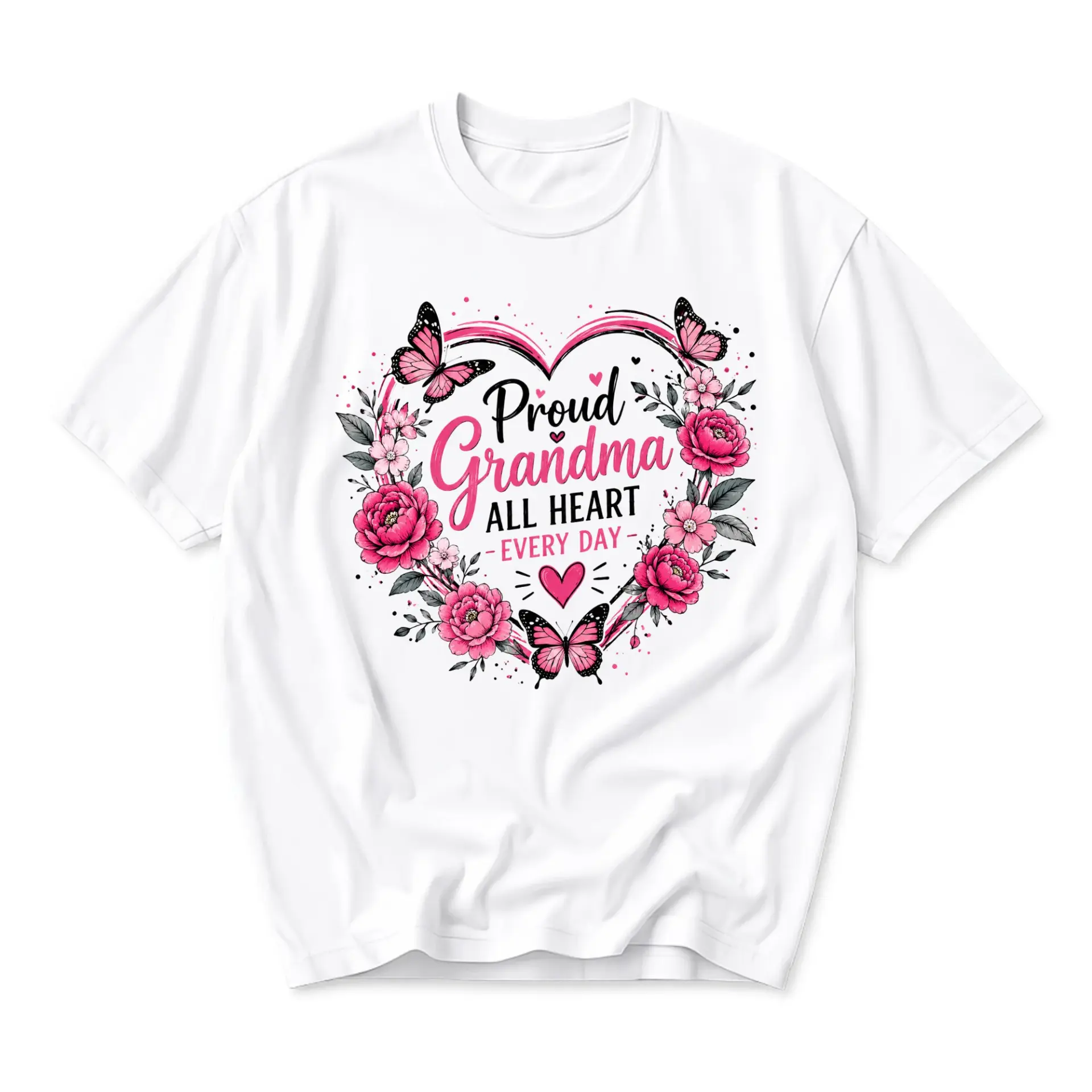 Graphic Tee Proud Grandma All Heart Every Day Floral Butterfly Design Casual Unisex Crew Neck Short Sleeve Shirt