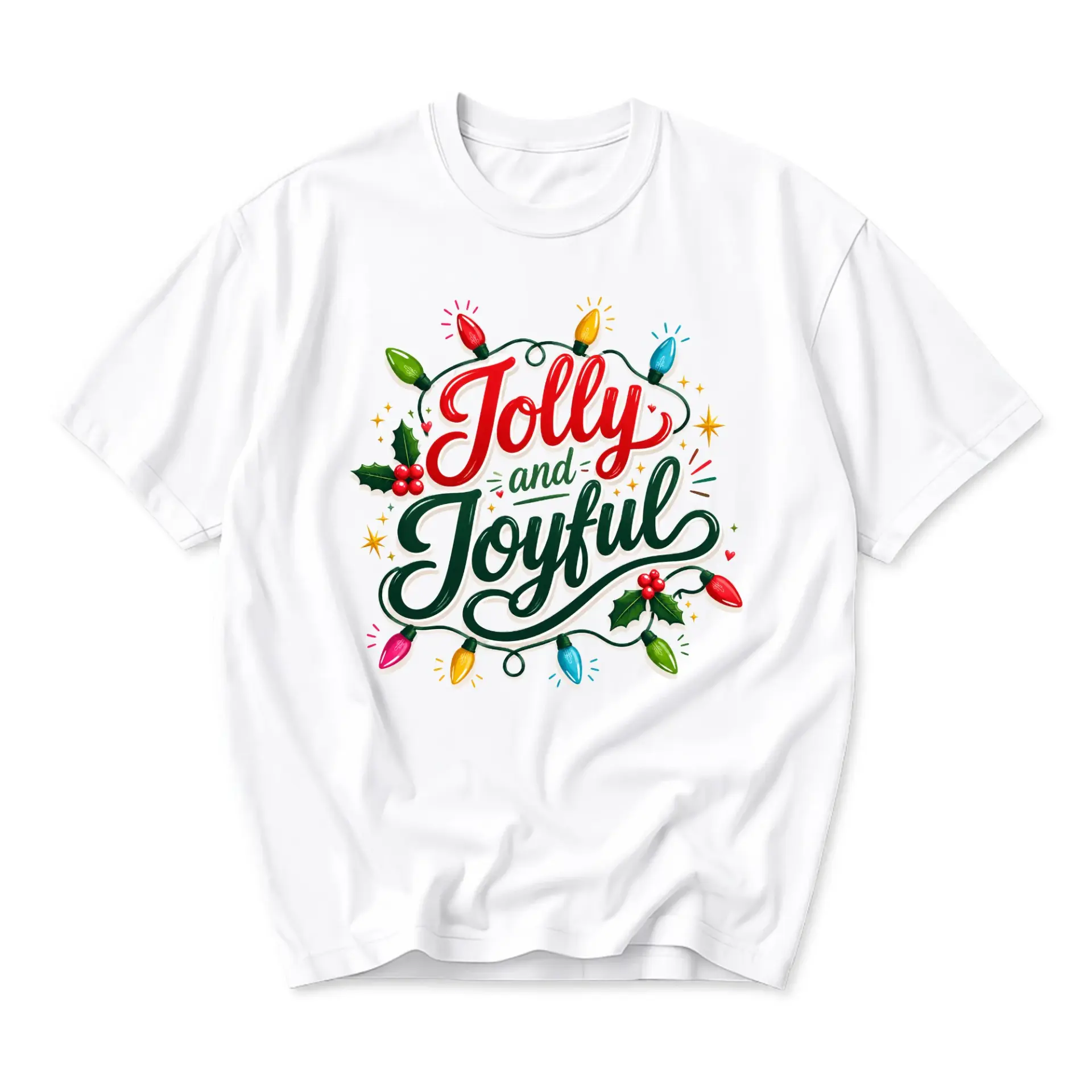 T-shirt Jolly and Joyful Graphic Tee Festive Holiday Inspired Apparel Casual Short Sleeve Cotton Crew Neck Top