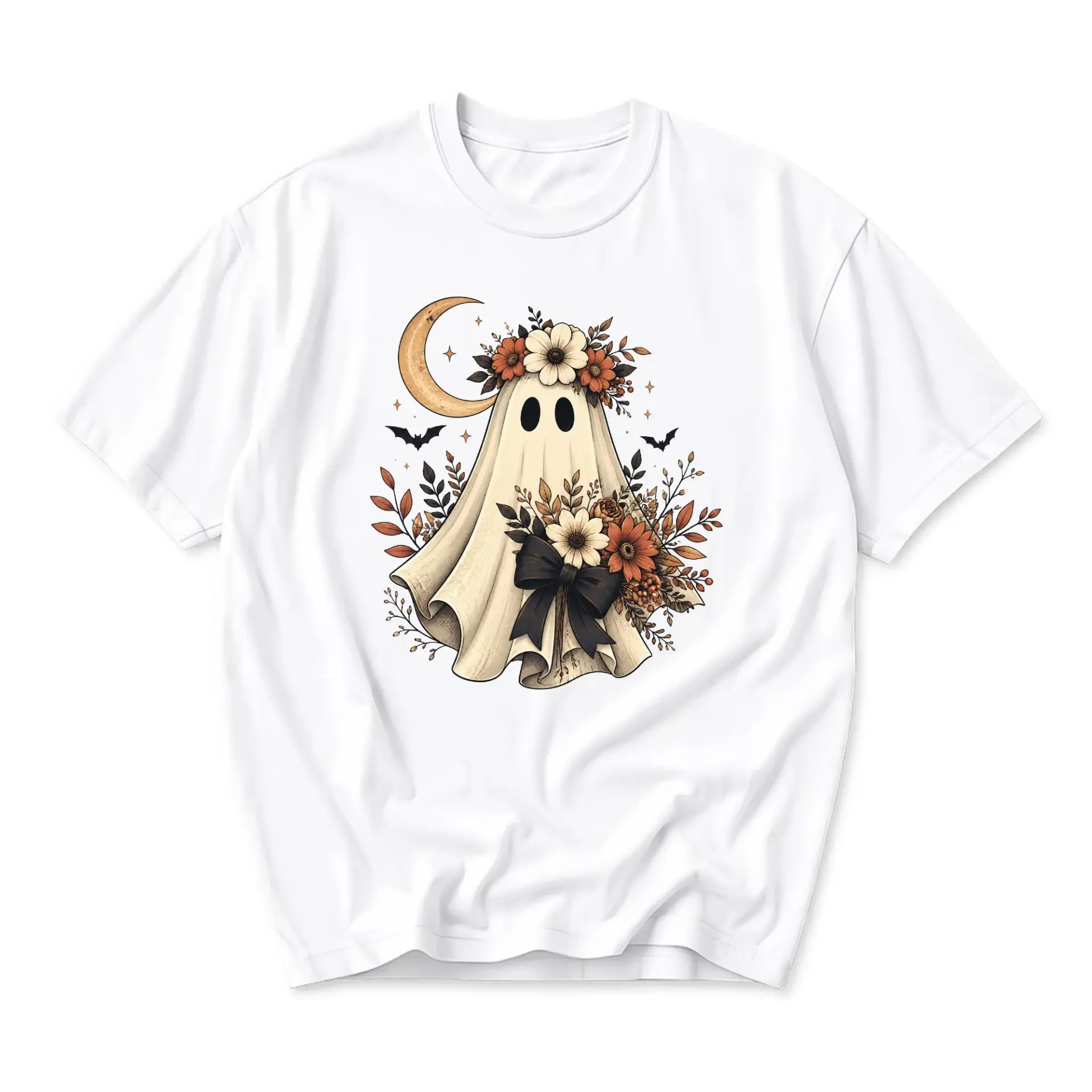 Graphic Tee Ghost Floral Moon Print Unisex Casual Crew Neck T-Shirt Comfortable Everyday Short Sleeve Apparel White