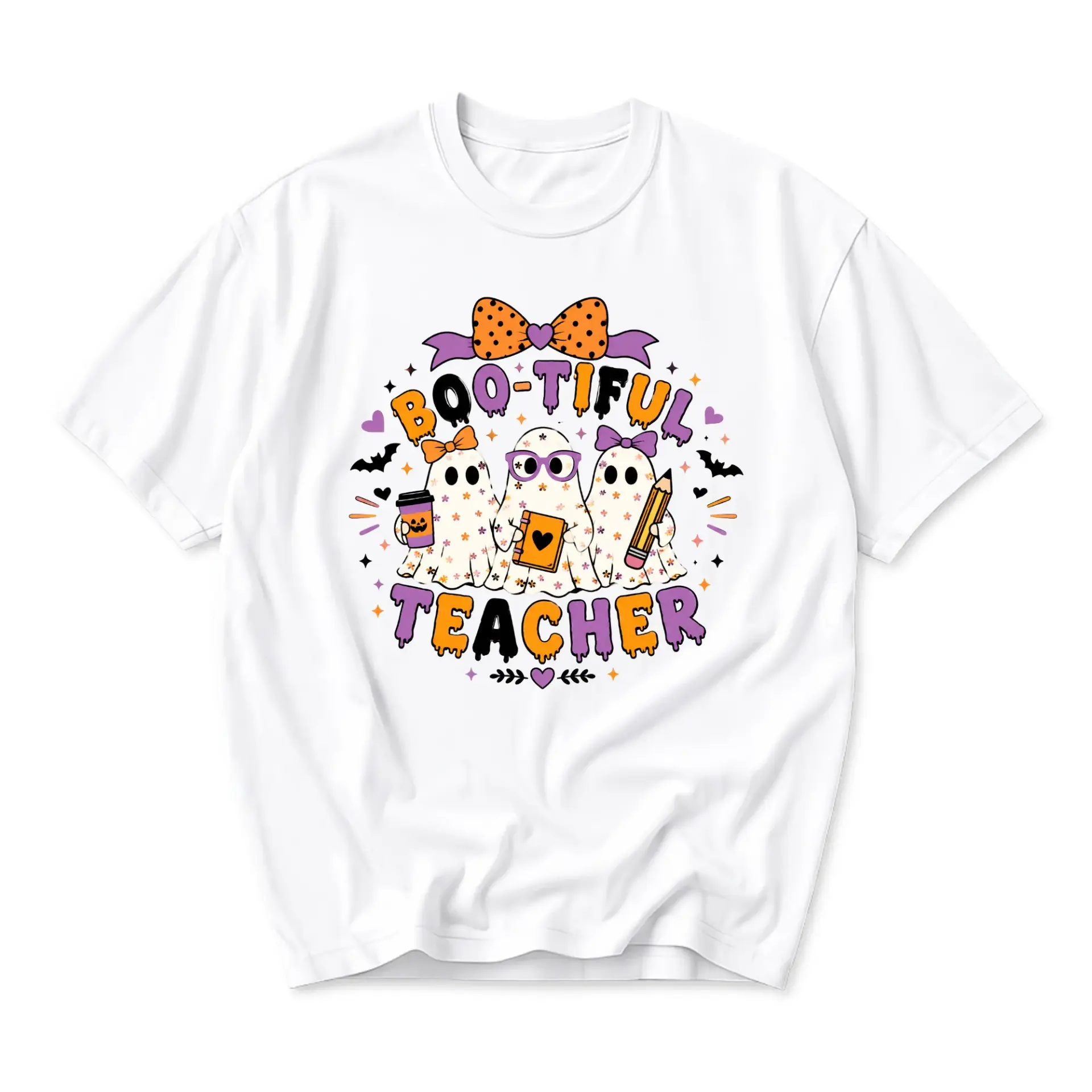 Funny Shirt Boo-Tiful Teacher Graphic Tee Halloween Ghost Print Unisex Crew Neck Casual Everyday Wear Soft Cotton