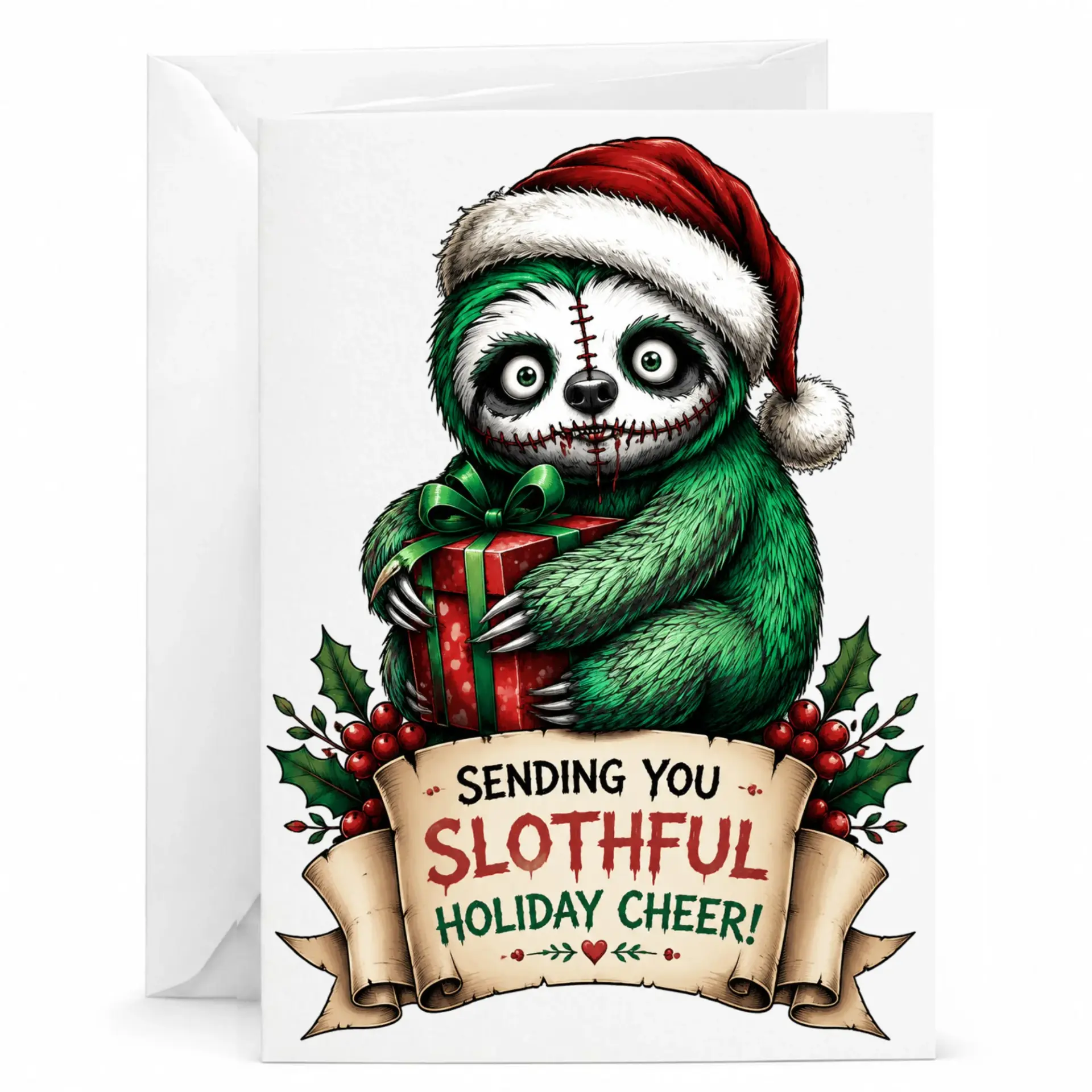 Funny Slothful Holiday Cheer Greeting Card with Matching Envelope Unique Festive for Friends and Family