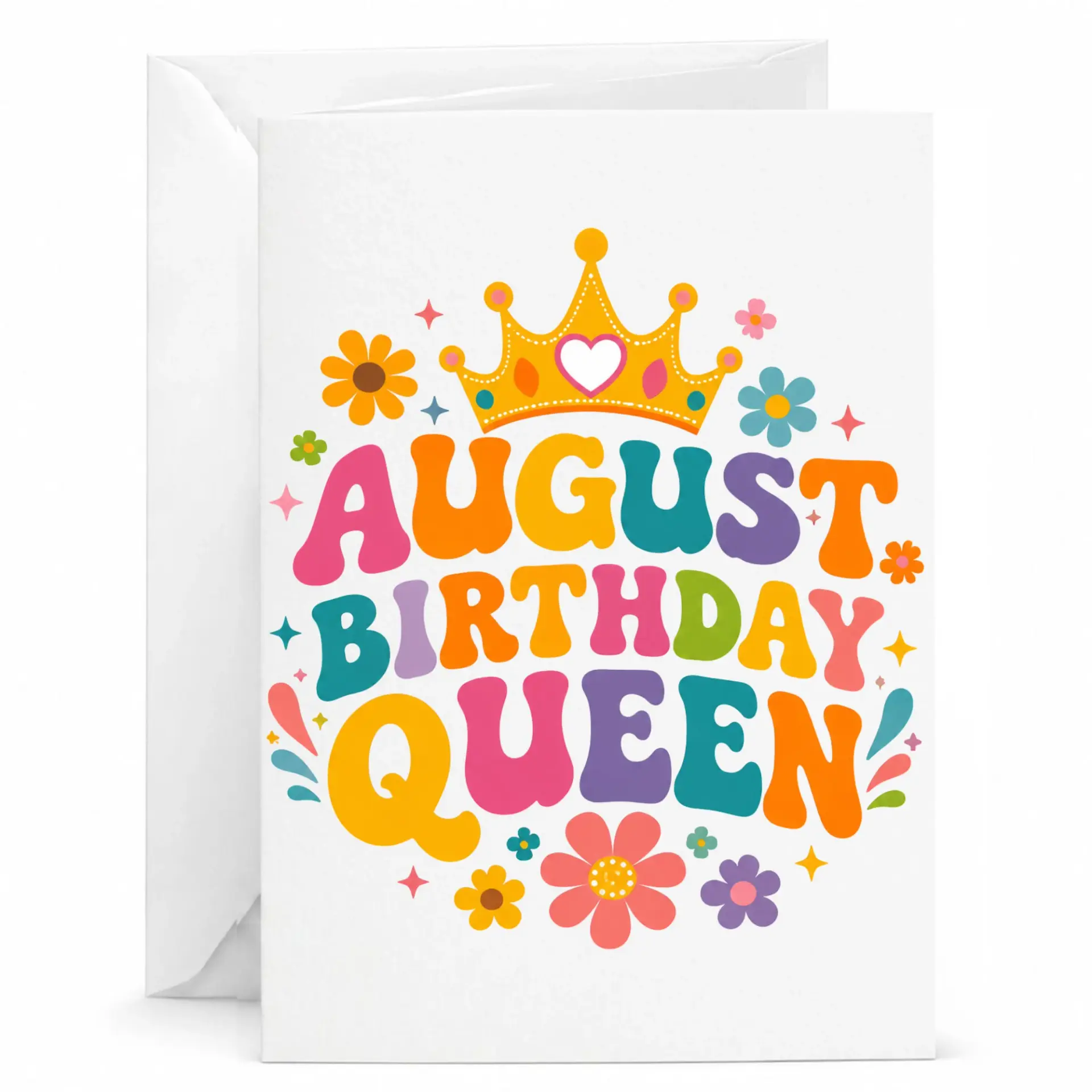 Birthday Card August Birthday Queen Retro Floral Design Greeting Card for Women with Matching White Envelope