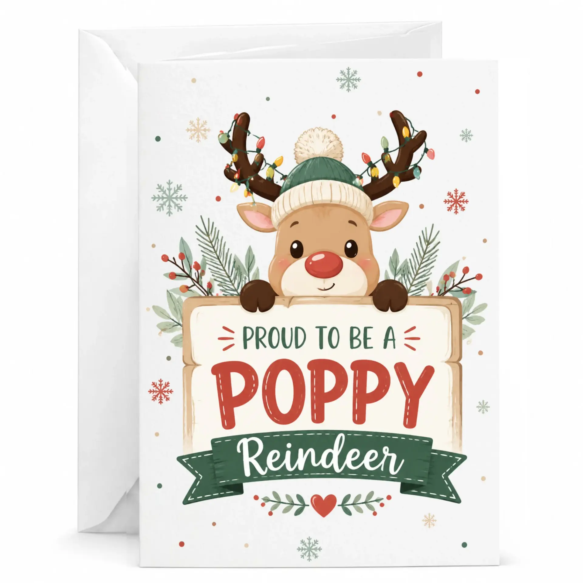 Greeting Card Proud to Be a Poppy Reindeer Winter Holiday Stationary with Matching White Envelope for Seasonal Greetings