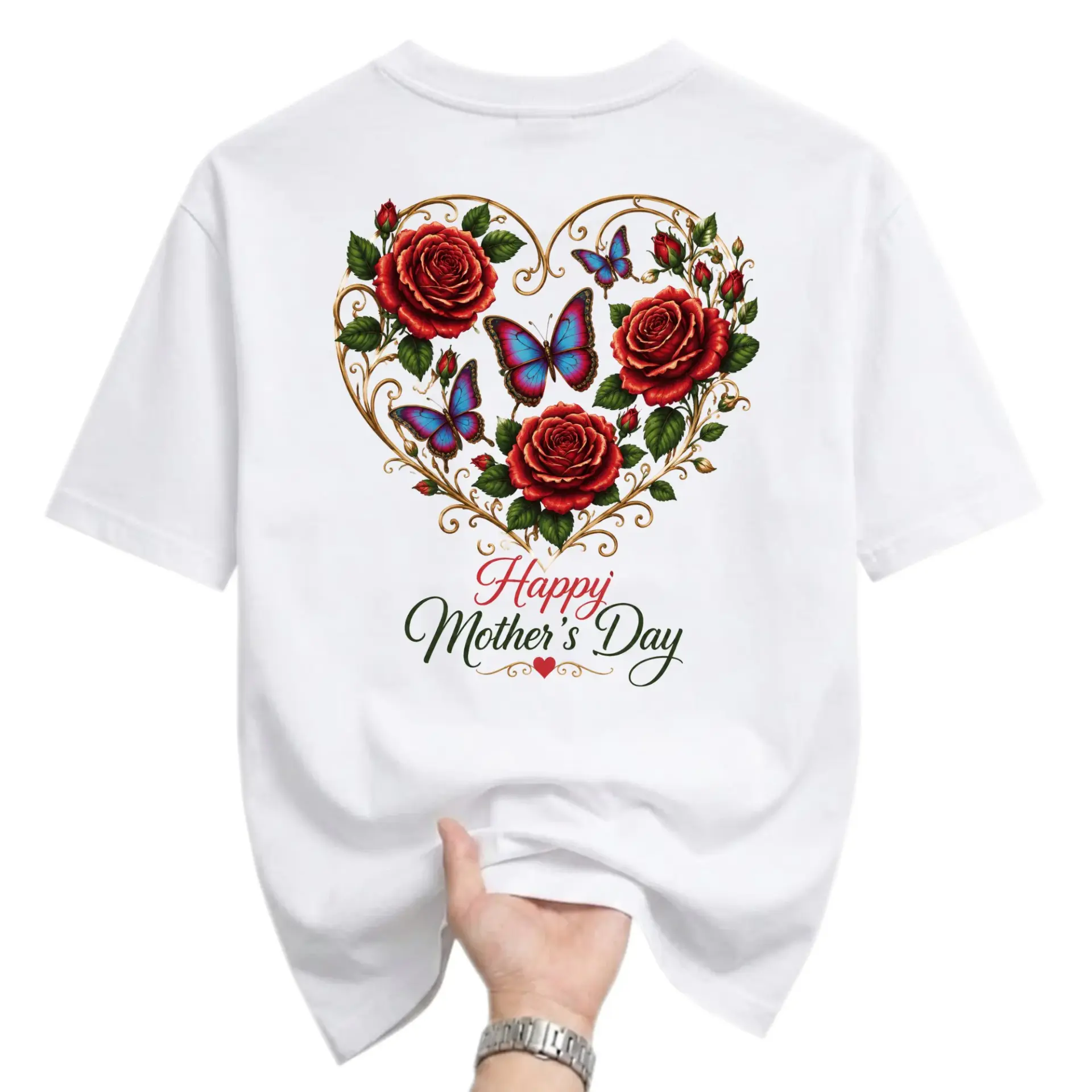 Graphic Tee Happy Mothers Day Heart Rose and Butterfly Floral Print Unisex Casual Crew Neck Short Sleeve Shirt
