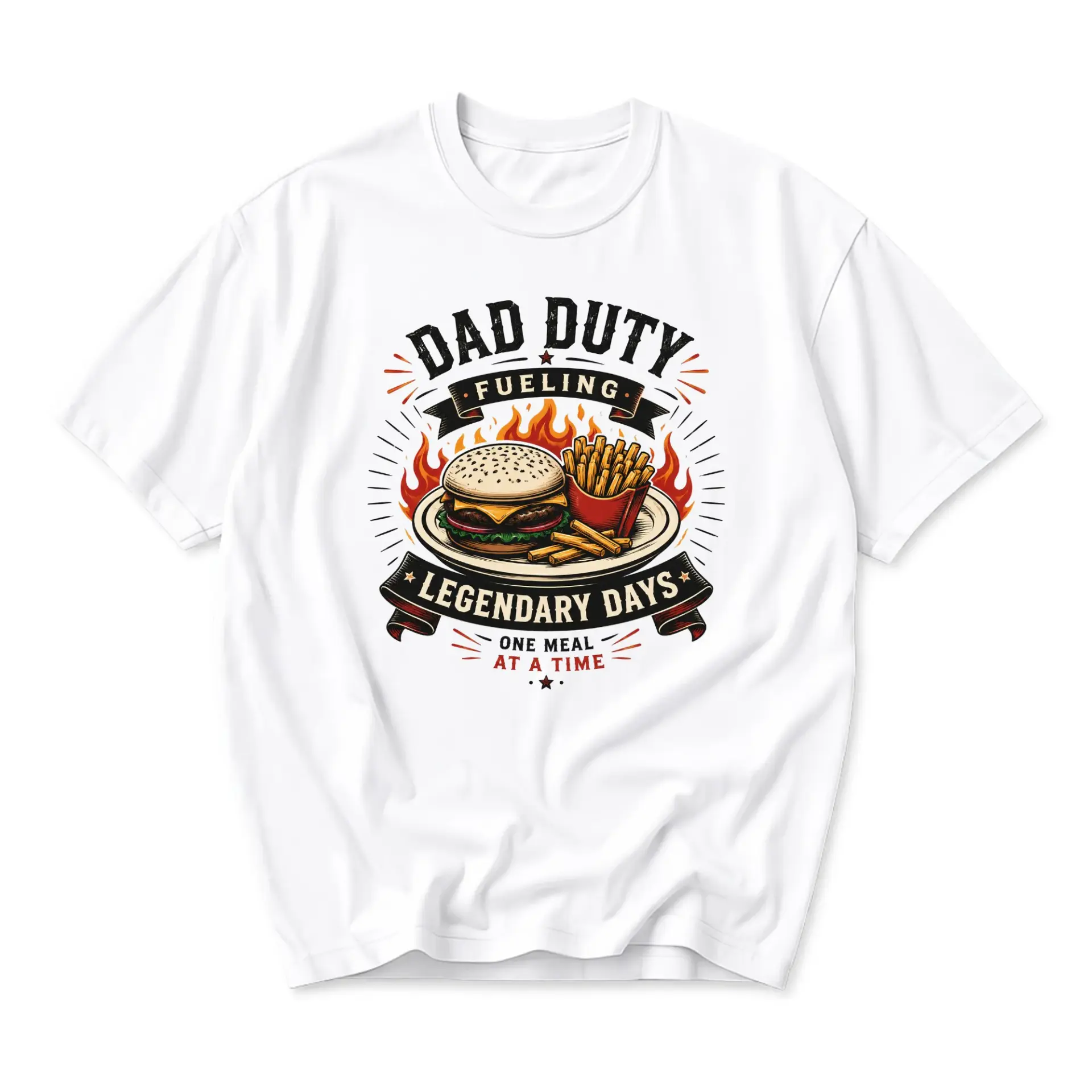 Funny Shirt Dad Duty Fueling Legendary Days Burger Graphic Unisex Tee Casual Everyday Crew Neck Cotton Apparel